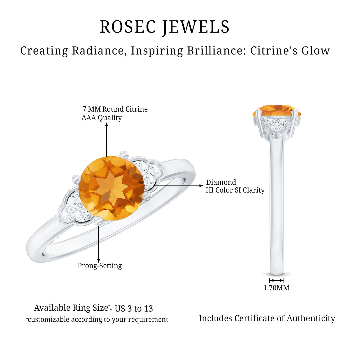 Natural 7mm Citrine Engagement Ring with Diamond Trio