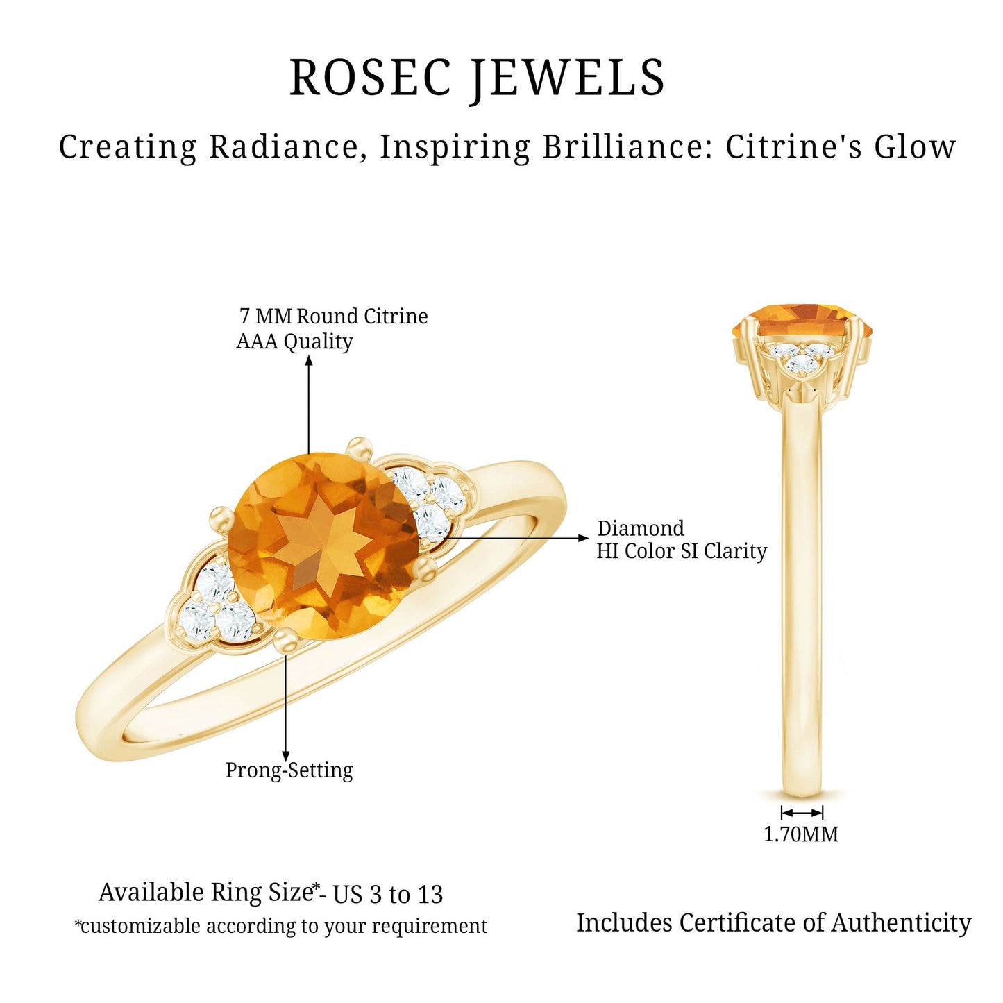 Natural 7mm Citrine Engagement Ring with Diamond Trio