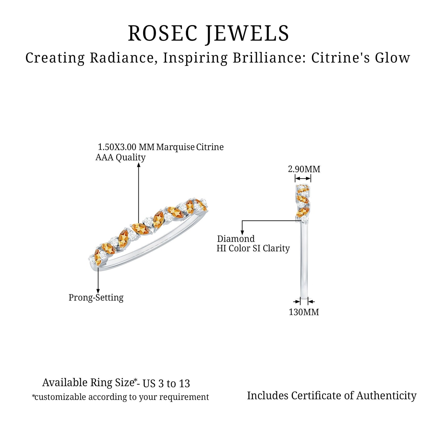 Genuine Marquise Citrine Half Eternity Ring with Diamond
