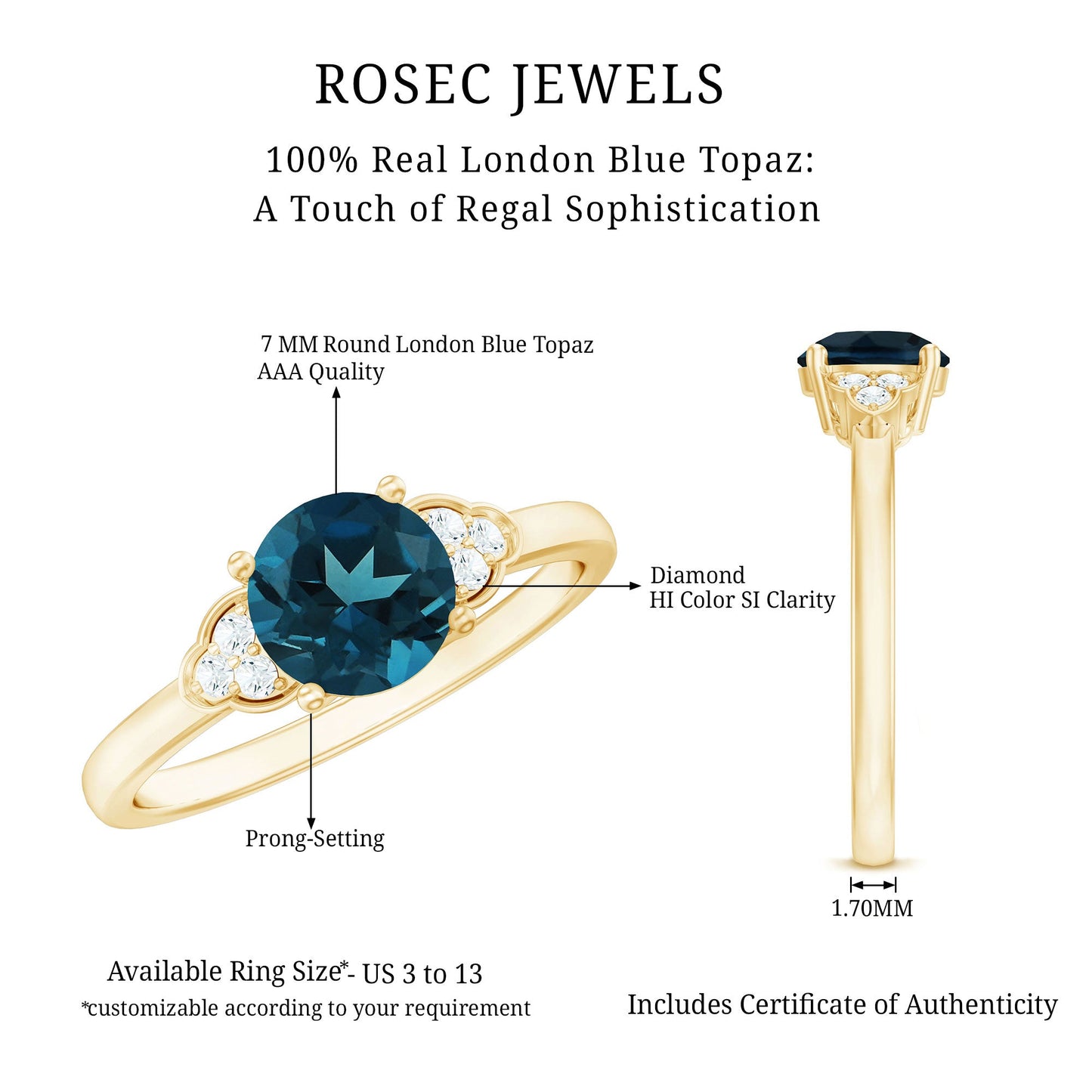 7 mm London Blue Topaz Solitaire Engagement Ring with Diamond Trio