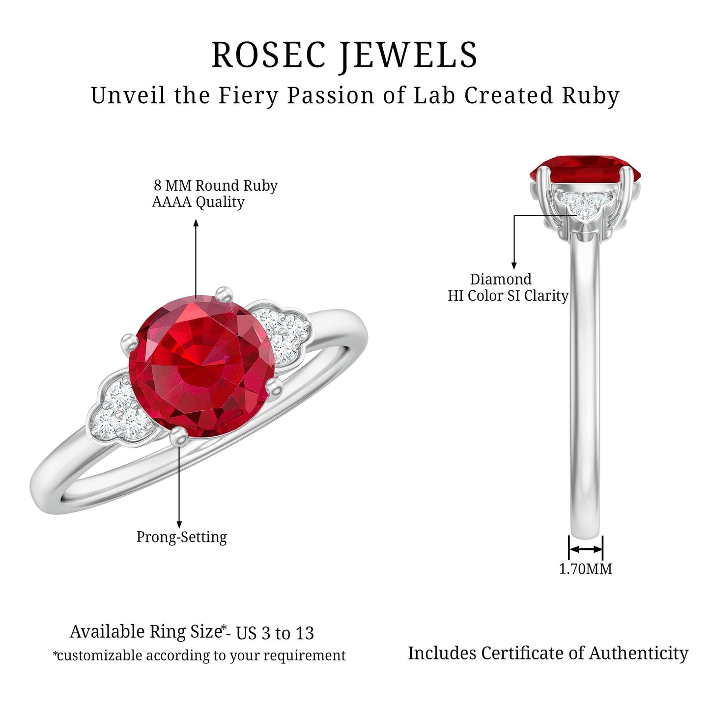 Lab Grown Ruby Solitaire Engagement Ring with Diamond Trio
