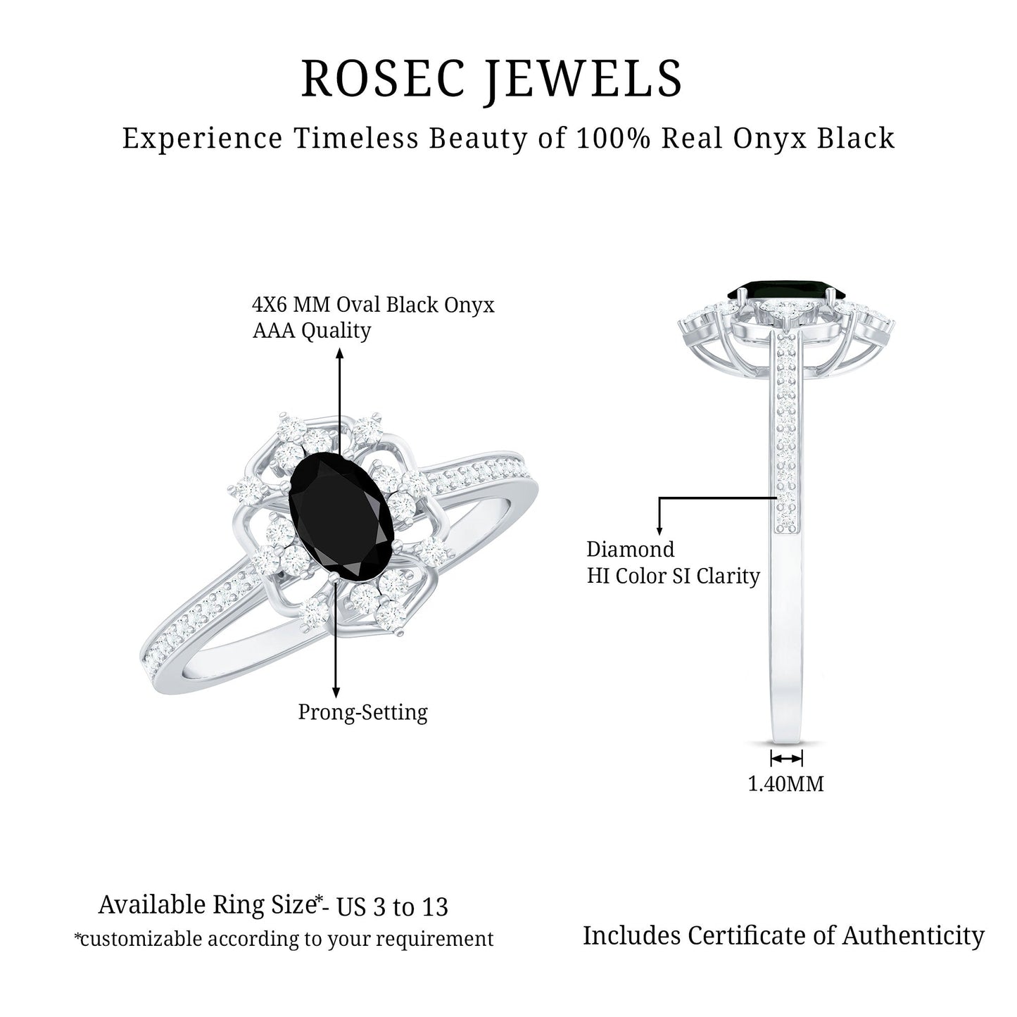 Certified 4X6mm Black Onyx Vintage Inspired Engagement Ring with Diamond