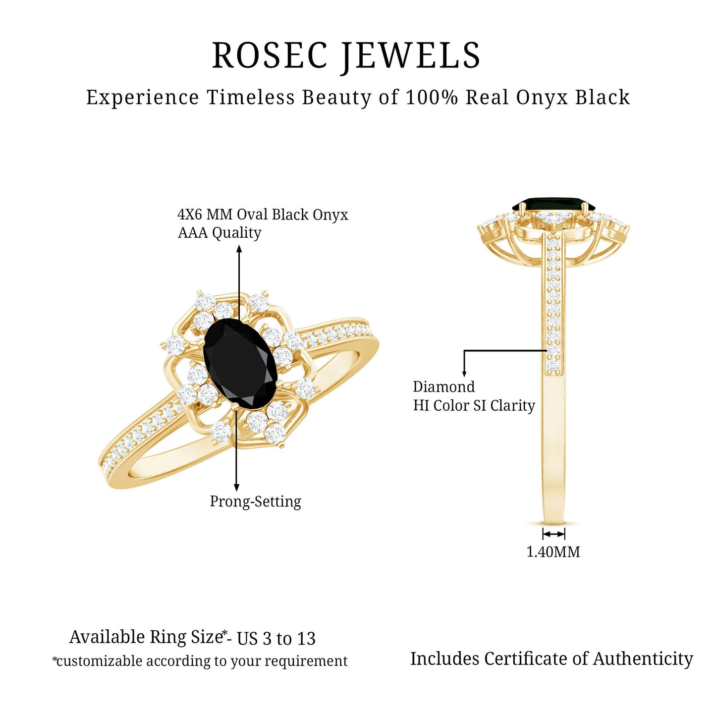 Certified 4X6mm Black Onyx Vintage Inspired Engagement Ring with Diamond