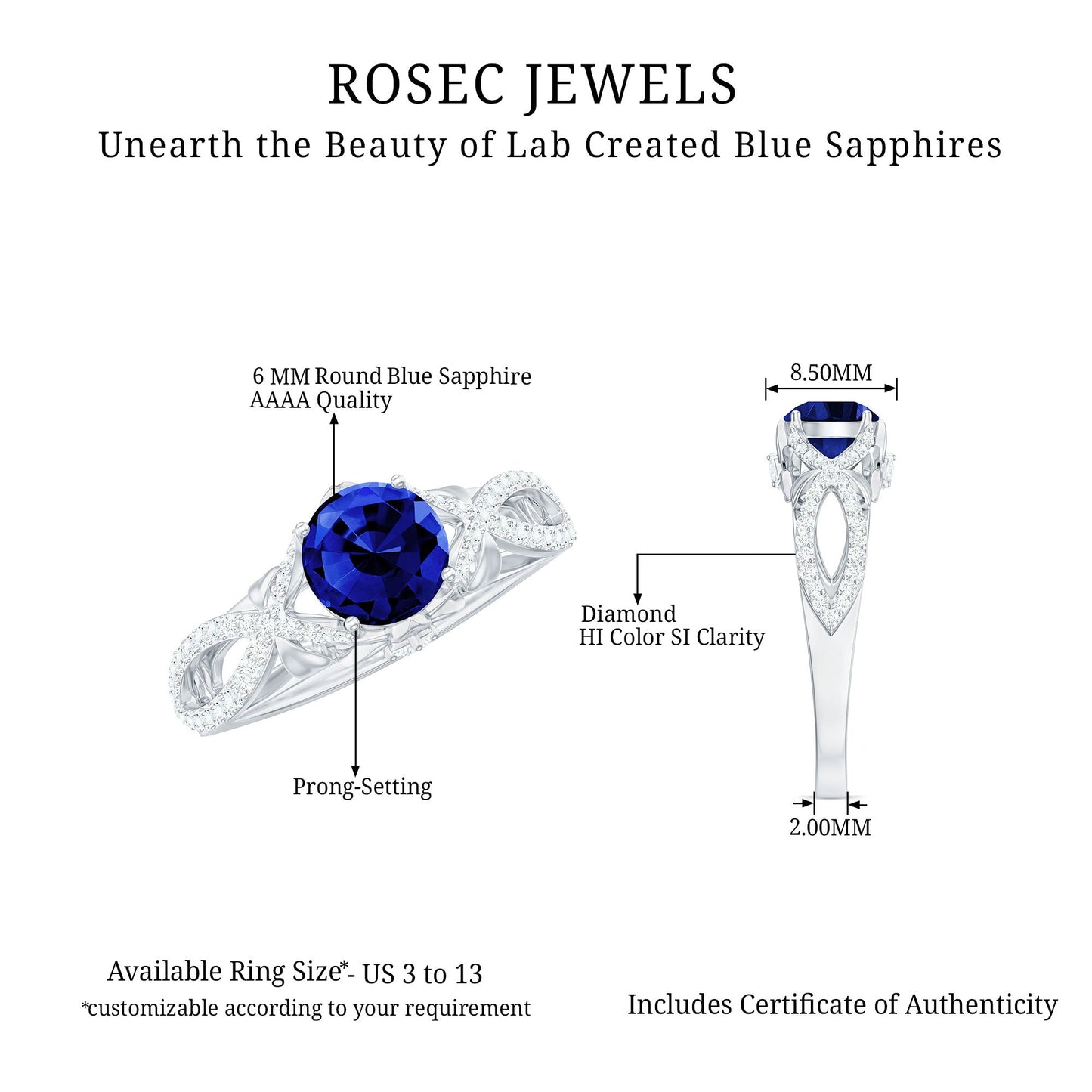 1 Carat Lab Grown Blue Sapphire Engagement Ring with Diamond Crossover Shank