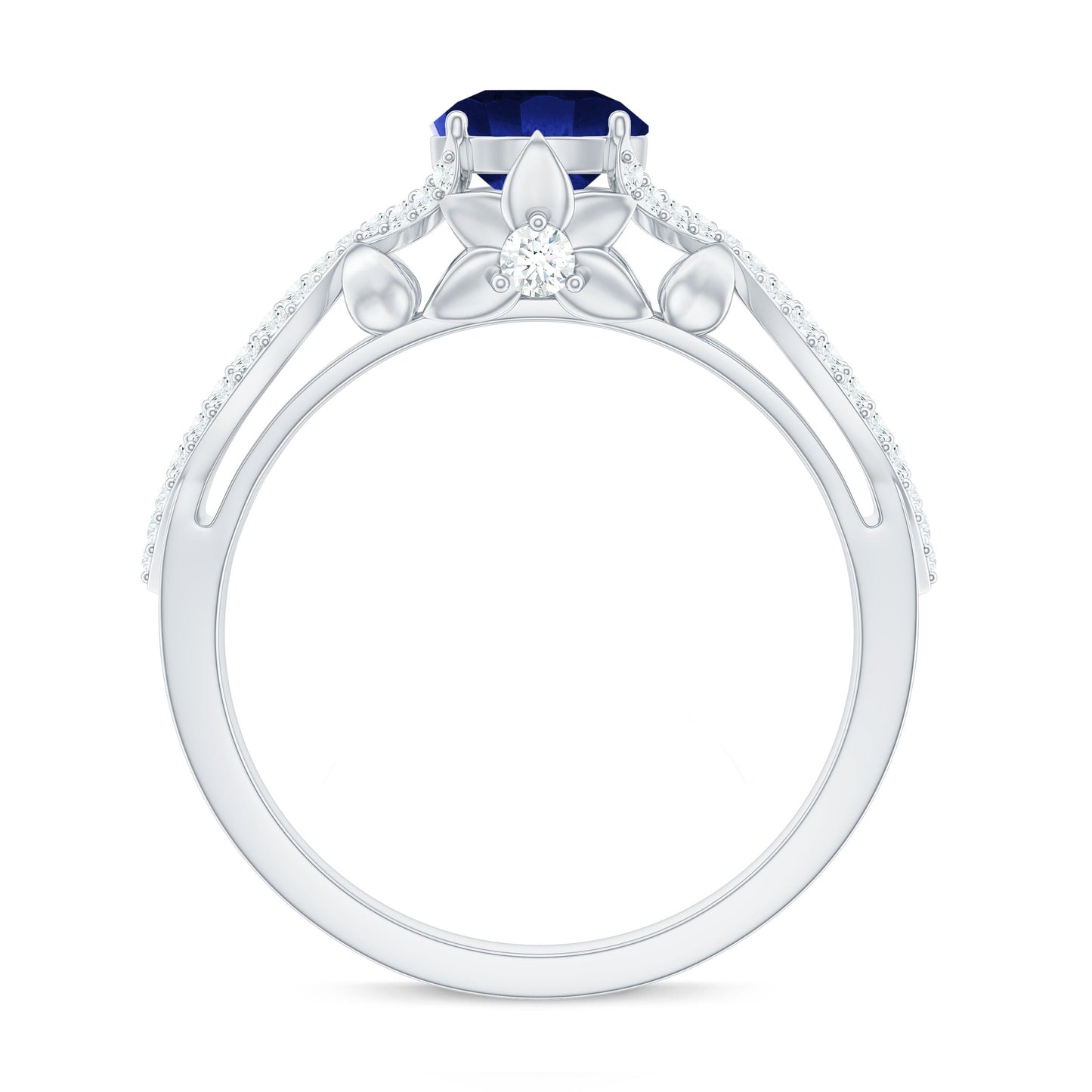 1 Carat Lab Grown Blue Sapphire Engagement Ring with Diamond Crossover Shank