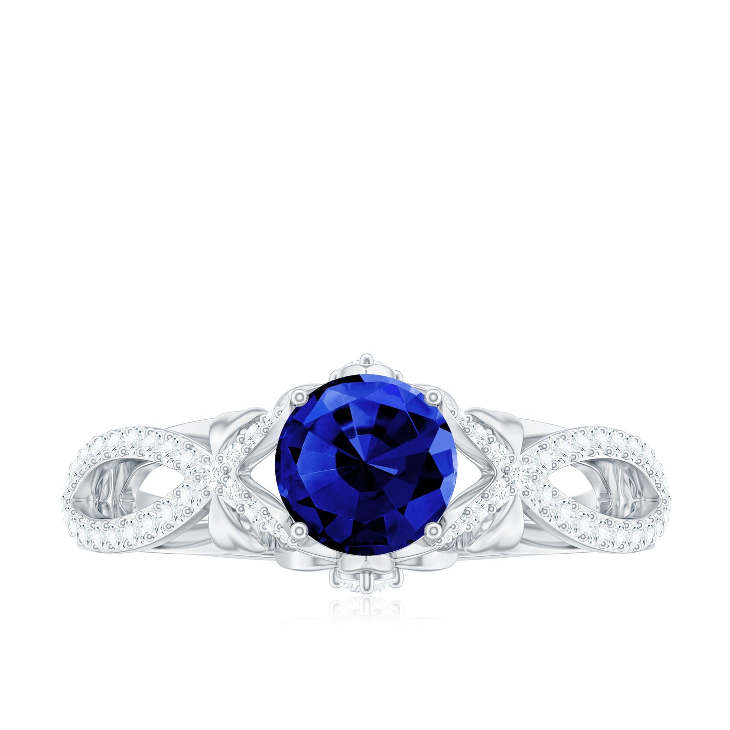 1 Carat Lab Grown Blue Sapphire Engagement Ring with Diamond Crossover Shank