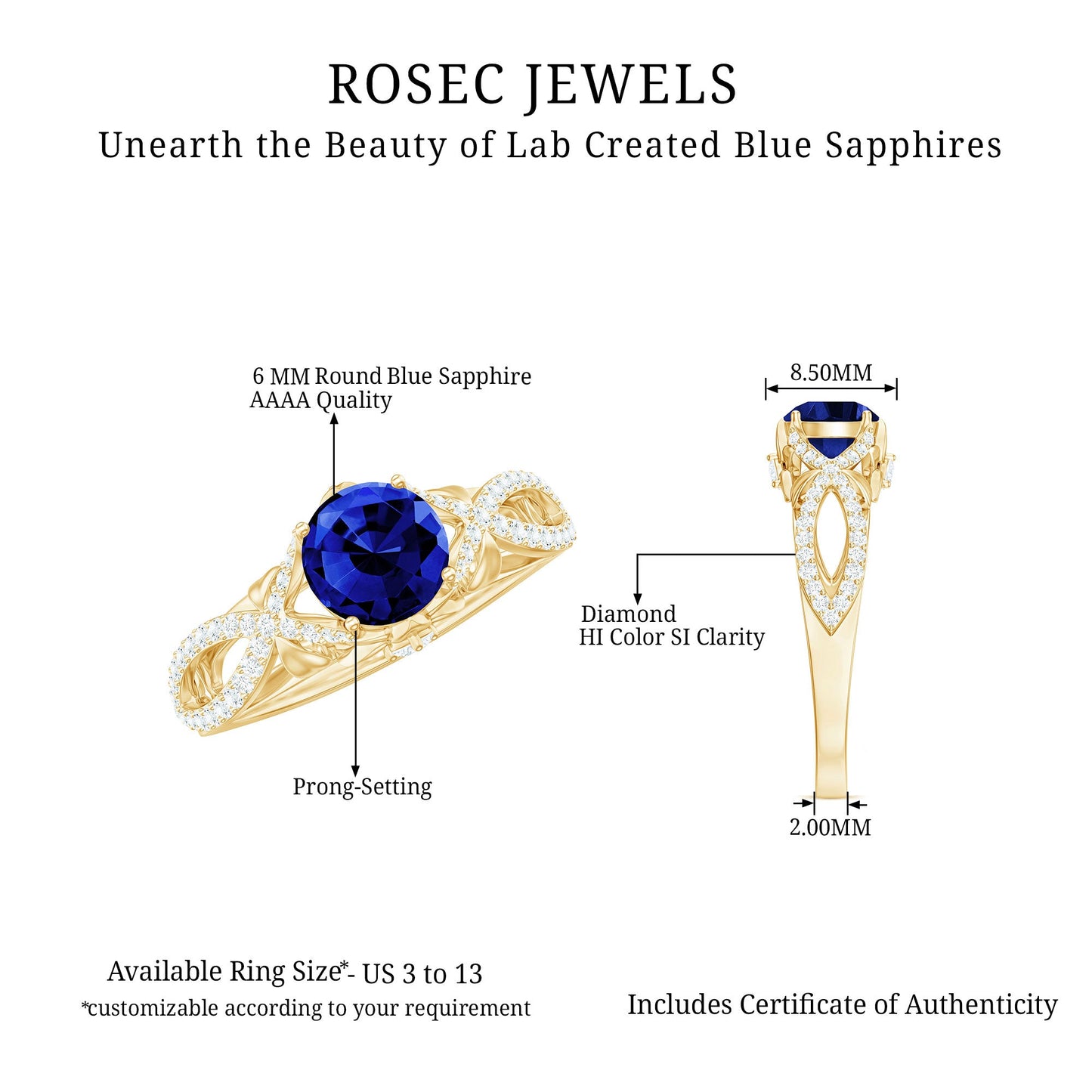 1 Carat Lab Grown Blue Sapphire Engagement Ring with Diamond Crossover Shank