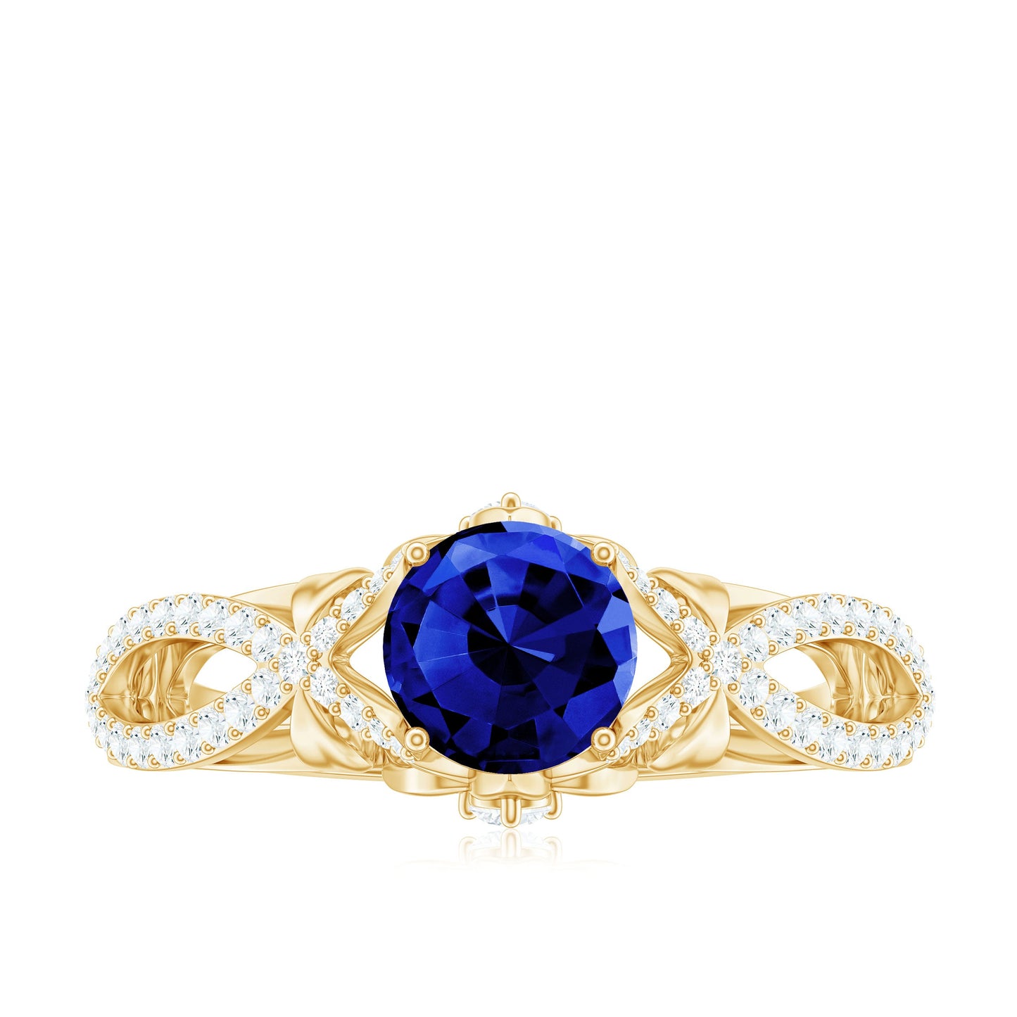 1 Carat Lab Grown Blue Sapphire Engagement Ring with Diamond Crossover Shank