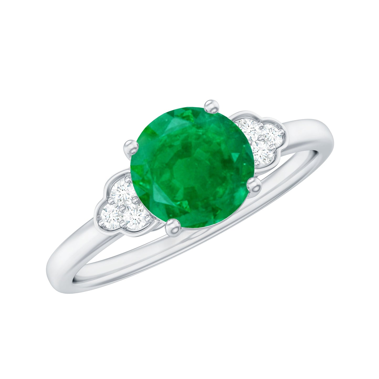 Natural Solitaire Emerald Engagement Ring with Diamond Trio