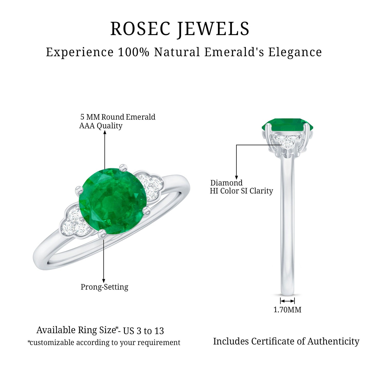 Natural Solitaire Emerald Engagement Ring with Diamond Trio
