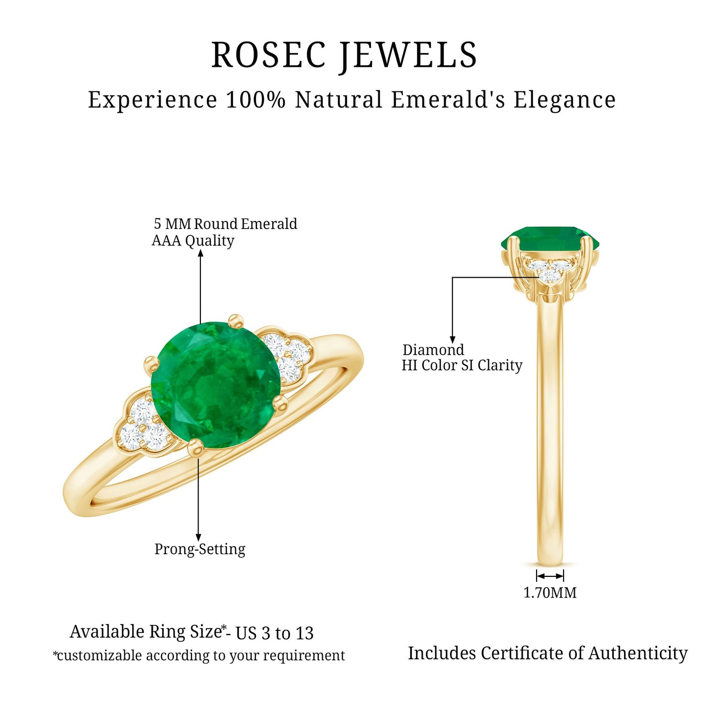 Natural Solitaire Emerald Engagement Ring with Diamond Trio