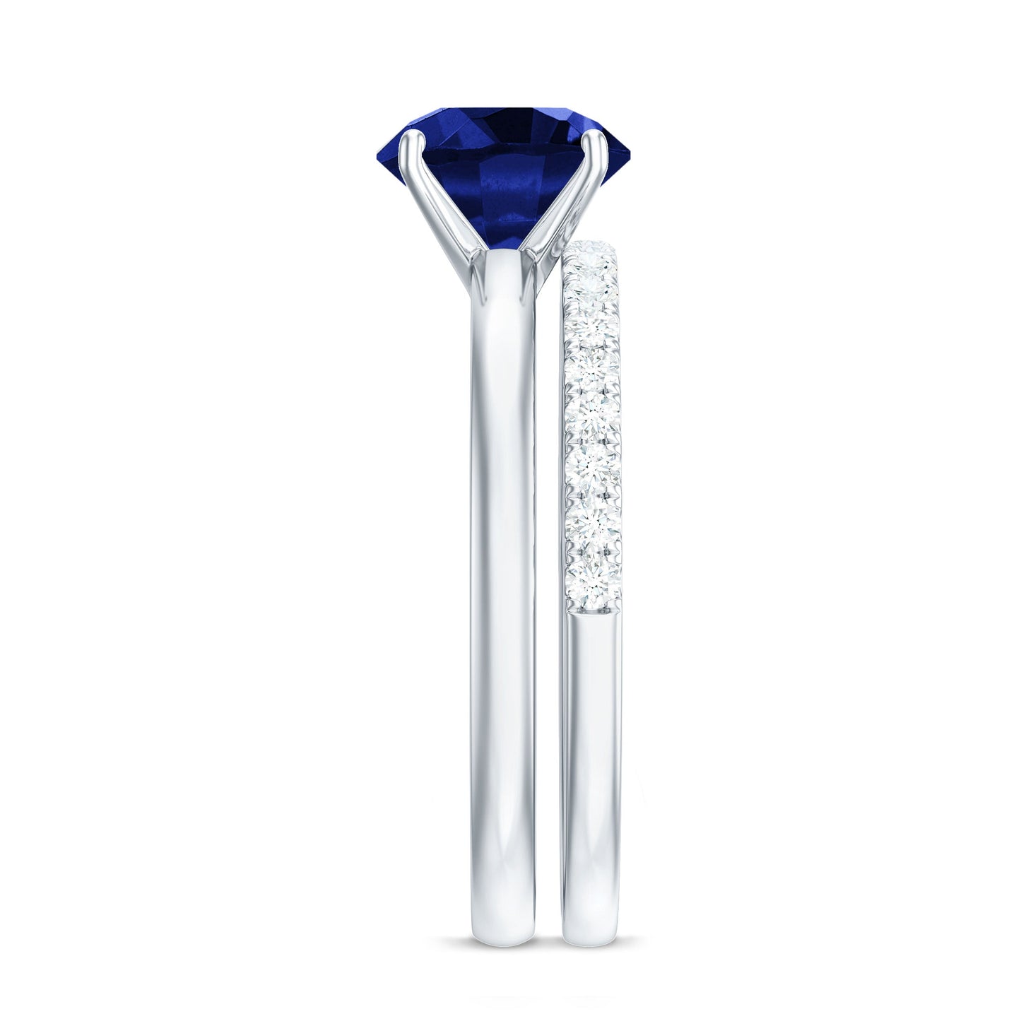 8mm Round Shape Lab Created Blue Sapphire Solitaire Wedding Ring Set with Diamond Band