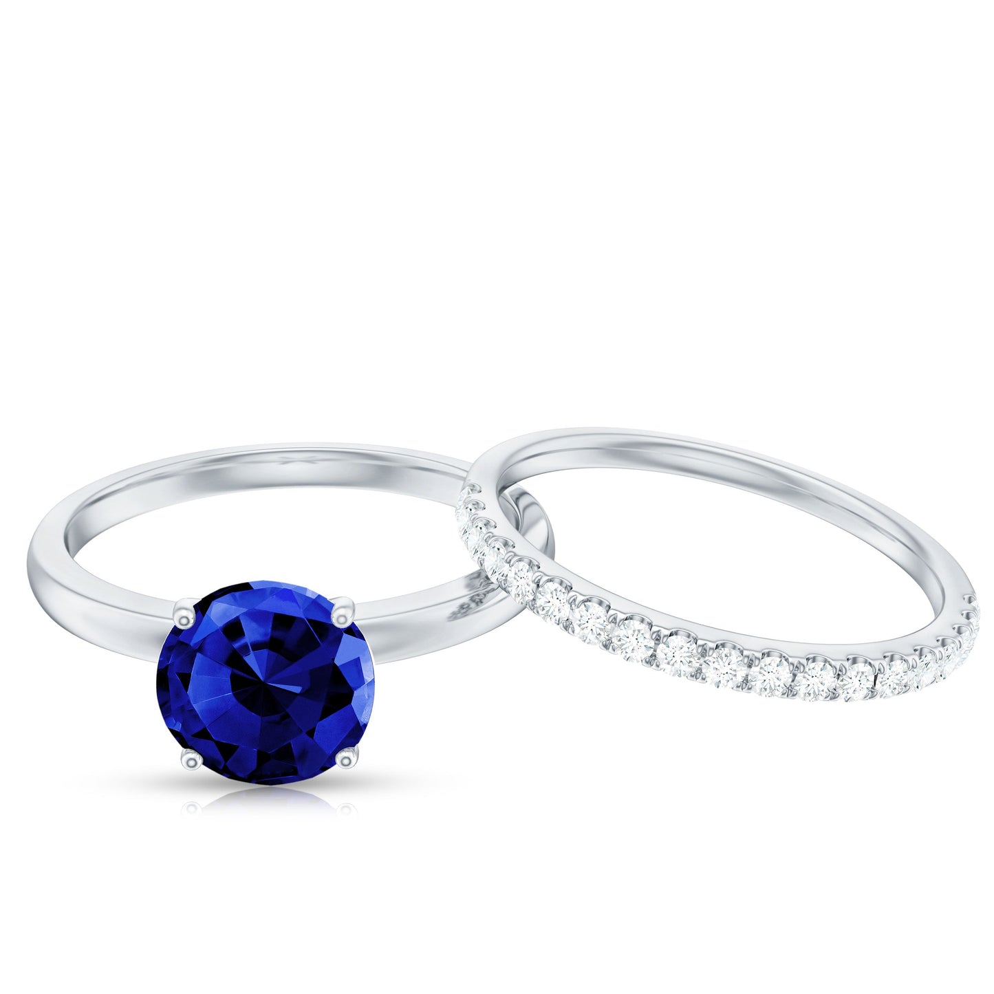 8mm Round Shape Lab Created Blue Sapphire Solitaire Wedding Ring Set with Diamond Band