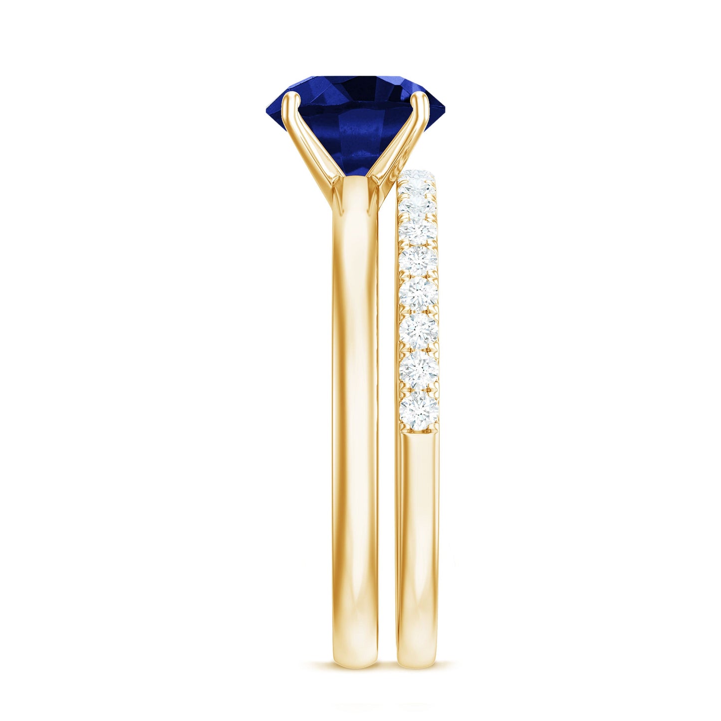 8mm Round Shape Lab Created Blue Sapphire Solitaire Wedding Ring Set with Diamond Band