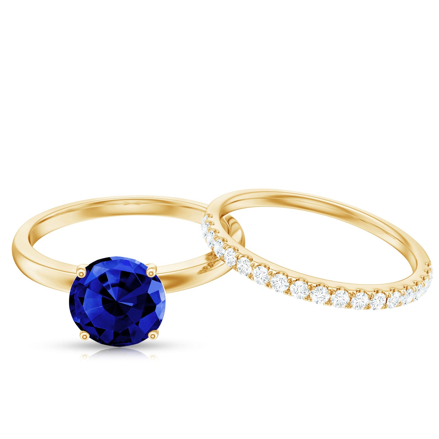 8mm Round Shape Lab Created Blue Sapphire Solitaire Wedding Ring Set with Diamond Band