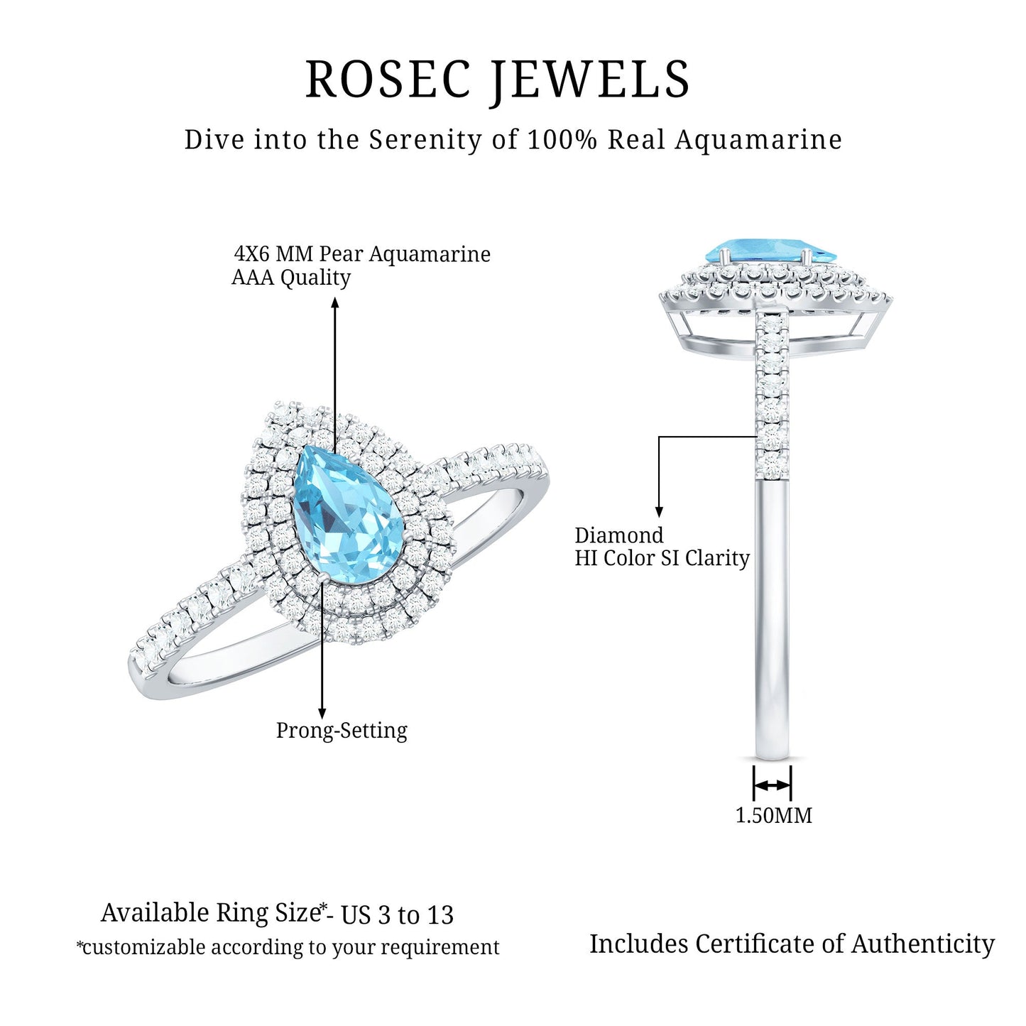 1 CT Classic Aquamarine and Diamond Teardrop Engagement Ring