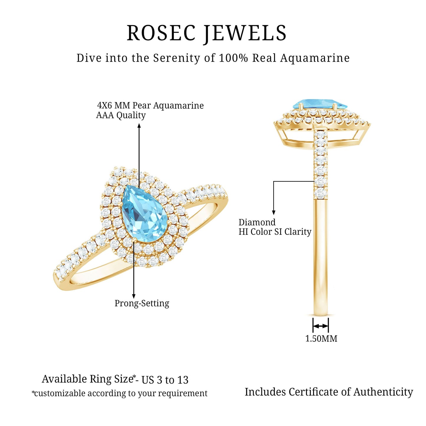 1 CT Classic Aquamarine and Diamond Teardrop Engagement Ring