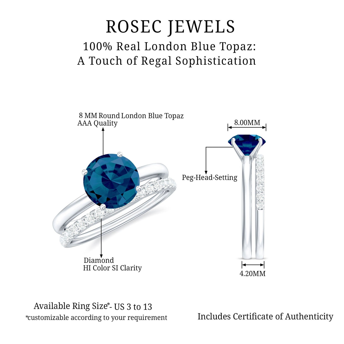 8mm Round London Blue Topaz Solitaire Engagement Ring with Diamond Band