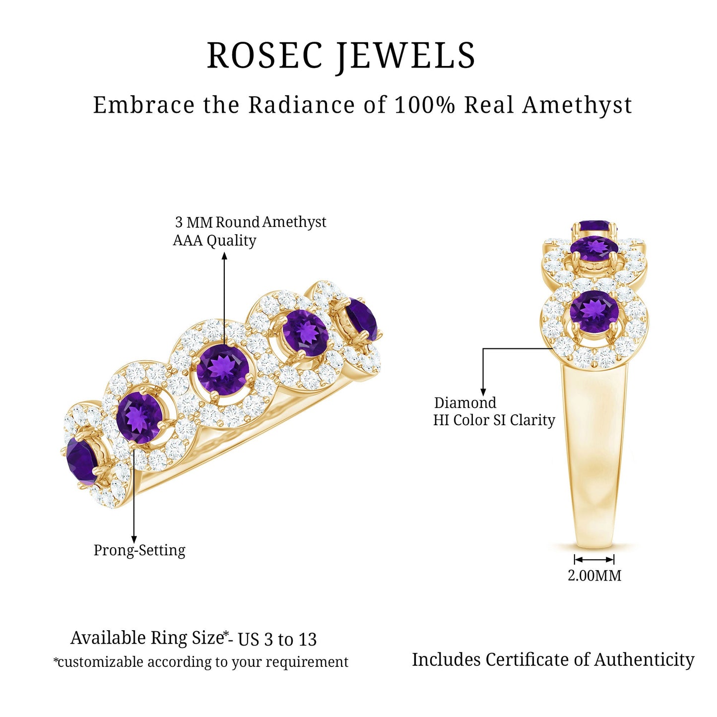 1.25 CT Classic Amethyst Half Eternity Band Ring with Diamond Halo
