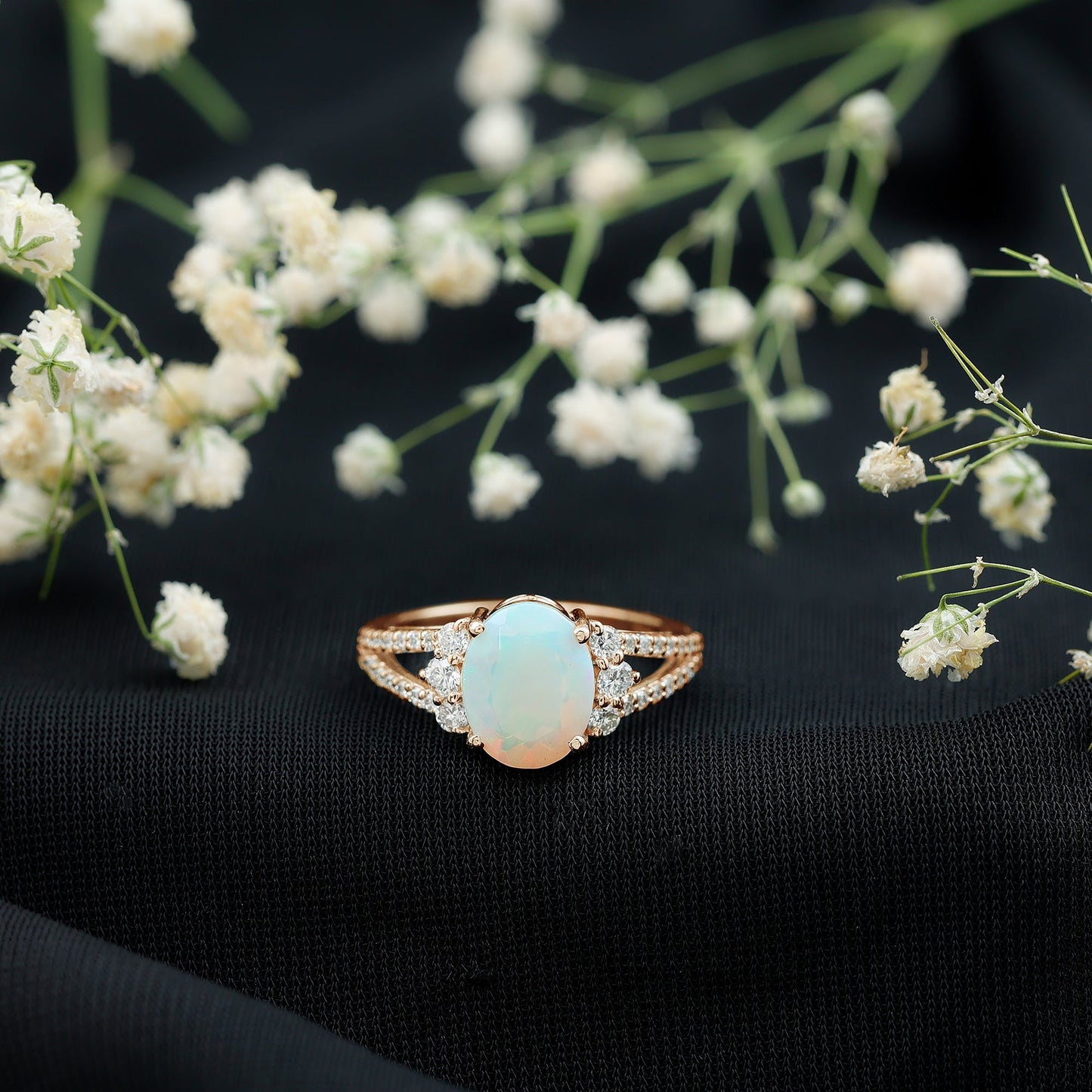 Certified 8X10 mm Ethiopian Opal Oval Engagement Ring with Diamond