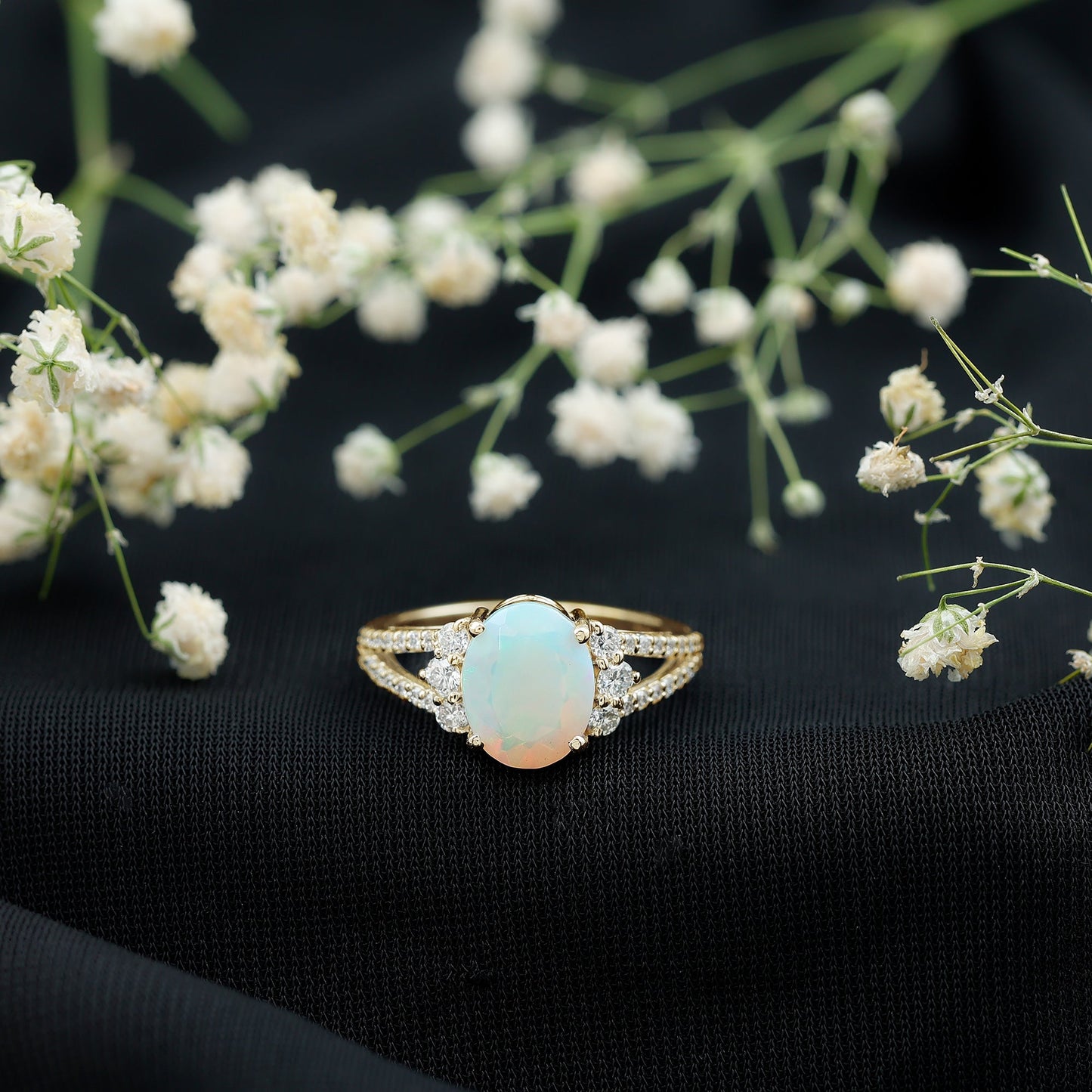 Certified 8X10 mm Ethiopian Opal Oval Engagement Ring with Diamond