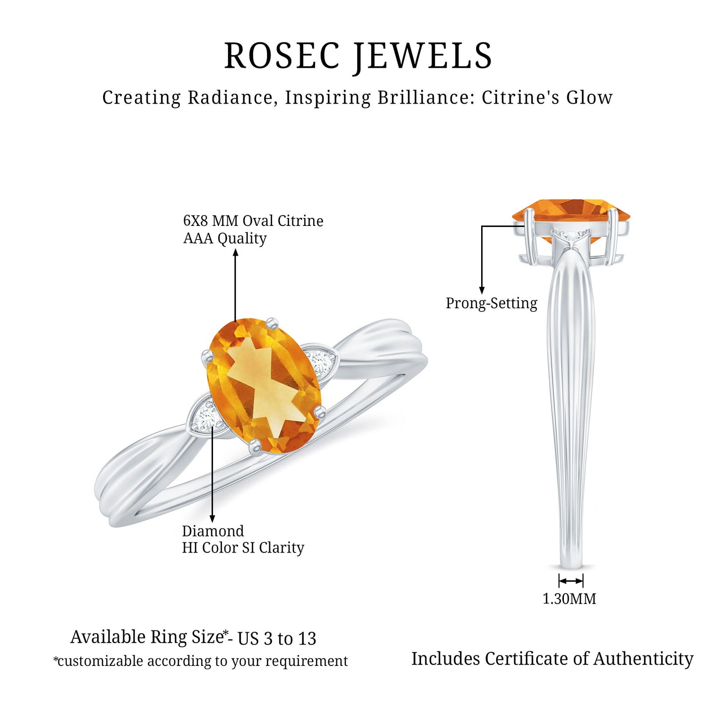 1 Carat Oval Cut Citrine Solitaire Engagement Ring with Diamond