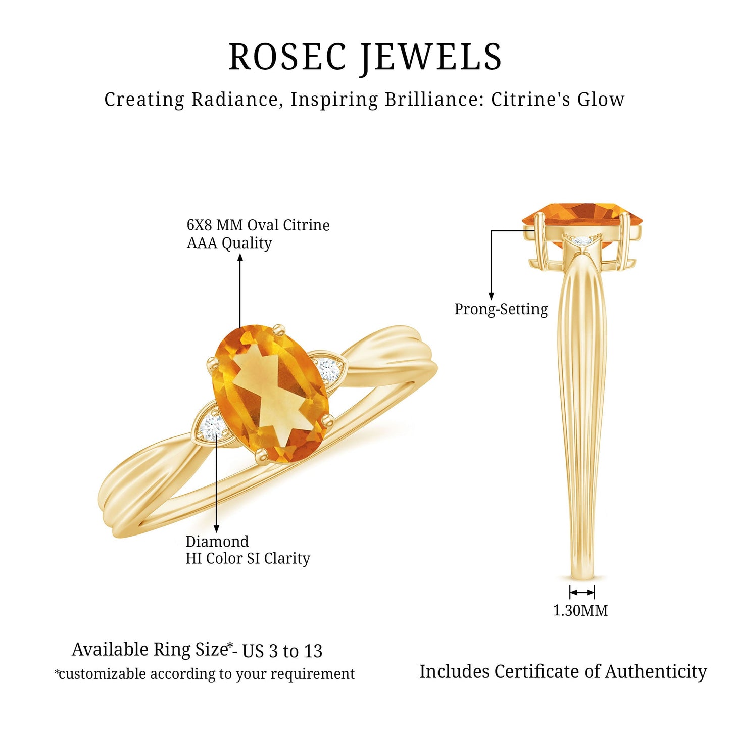 1 Carat Oval Cut Citrine Solitaire Engagement Ring with Diamond