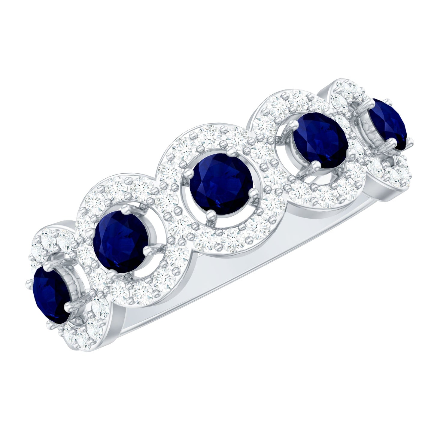 1.75 CT Round Shape Blue Sapphire and Diamond Halo Classic Band Ring