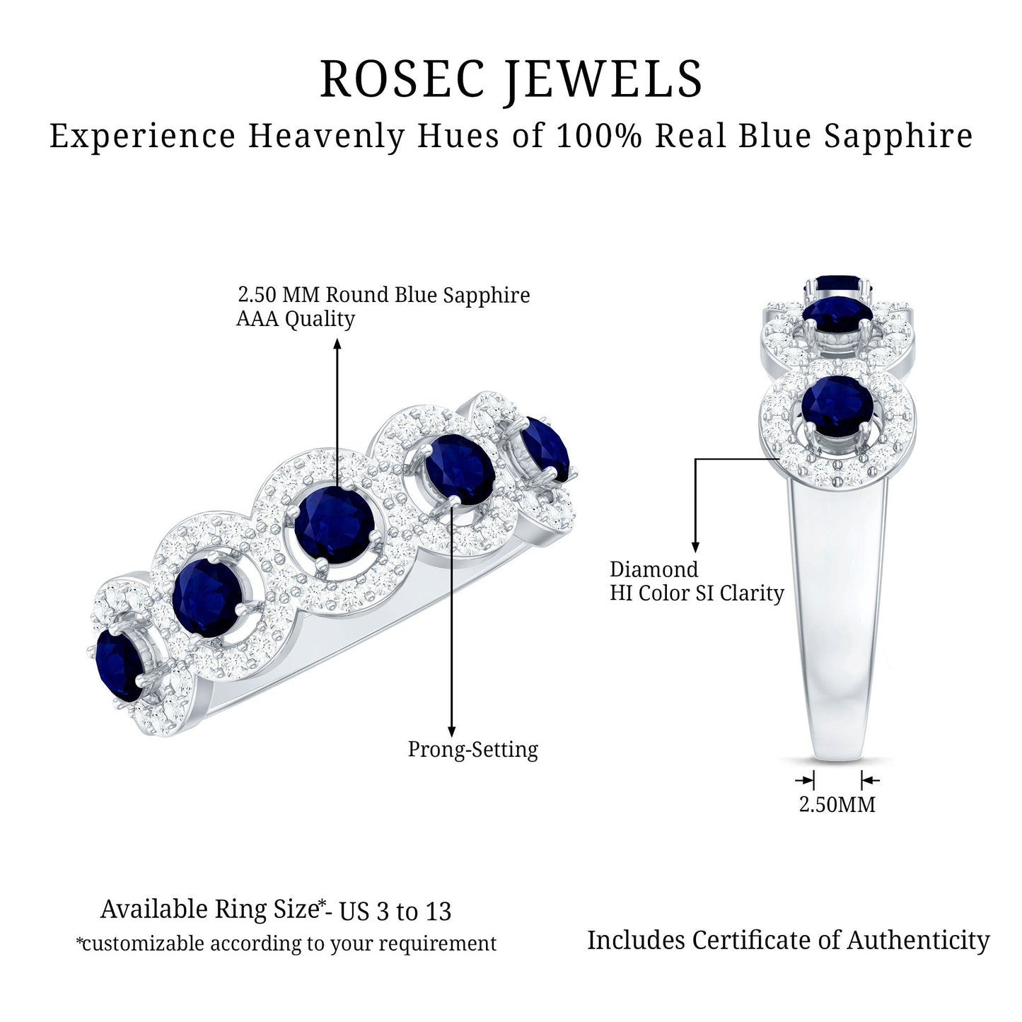 1.75 CT Round Shape Blue Sapphire and Diamond Halo Classic Band Ring