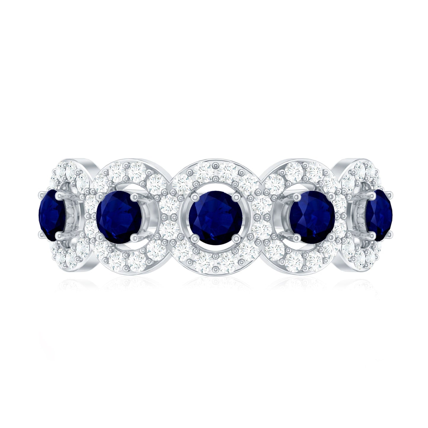 1.75 CT Round Shape Blue Sapphire and Diamond Halo Classic Band Ring