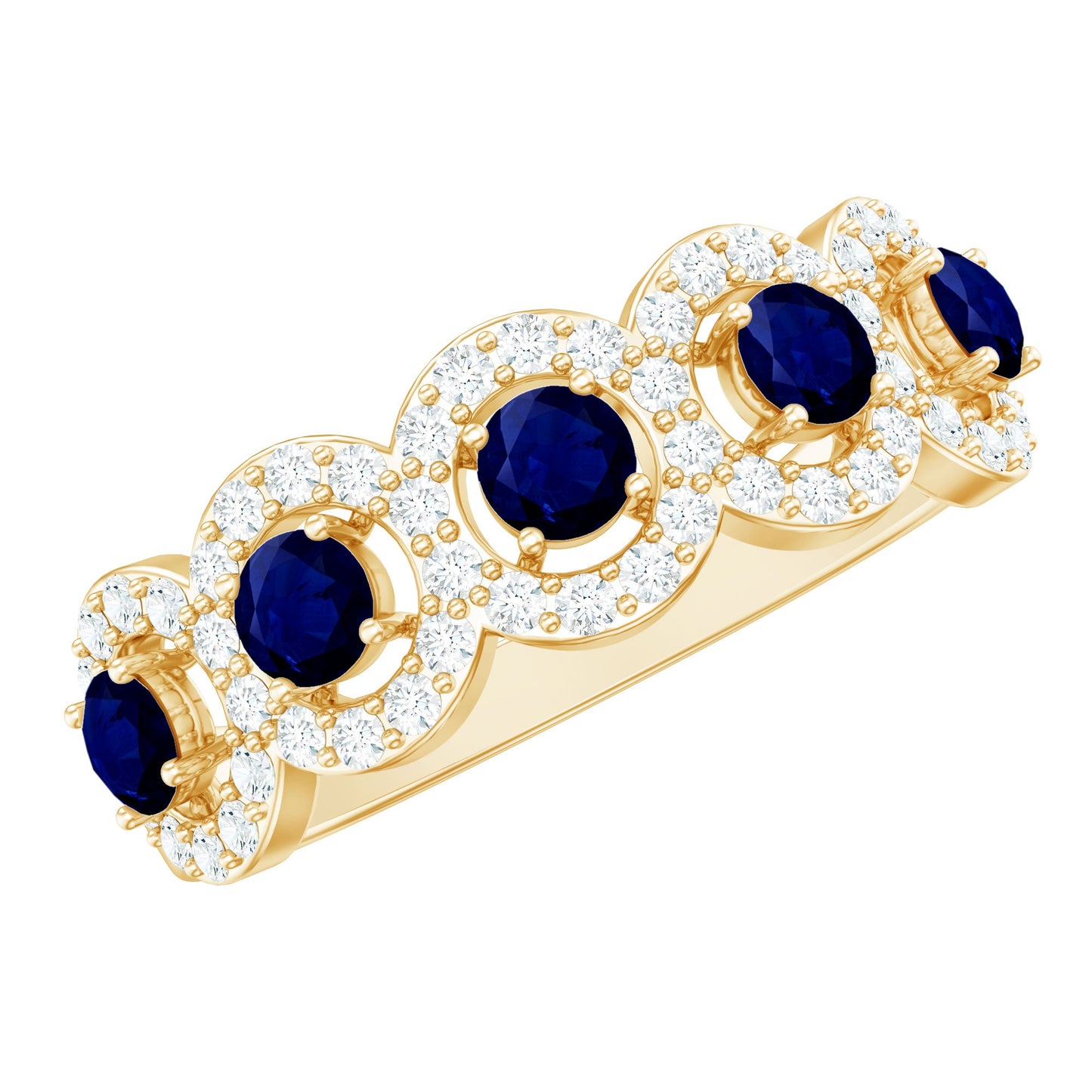 1.75 CT Round Shape Blue Sapphire and Diamond Halo Classic Band Ring