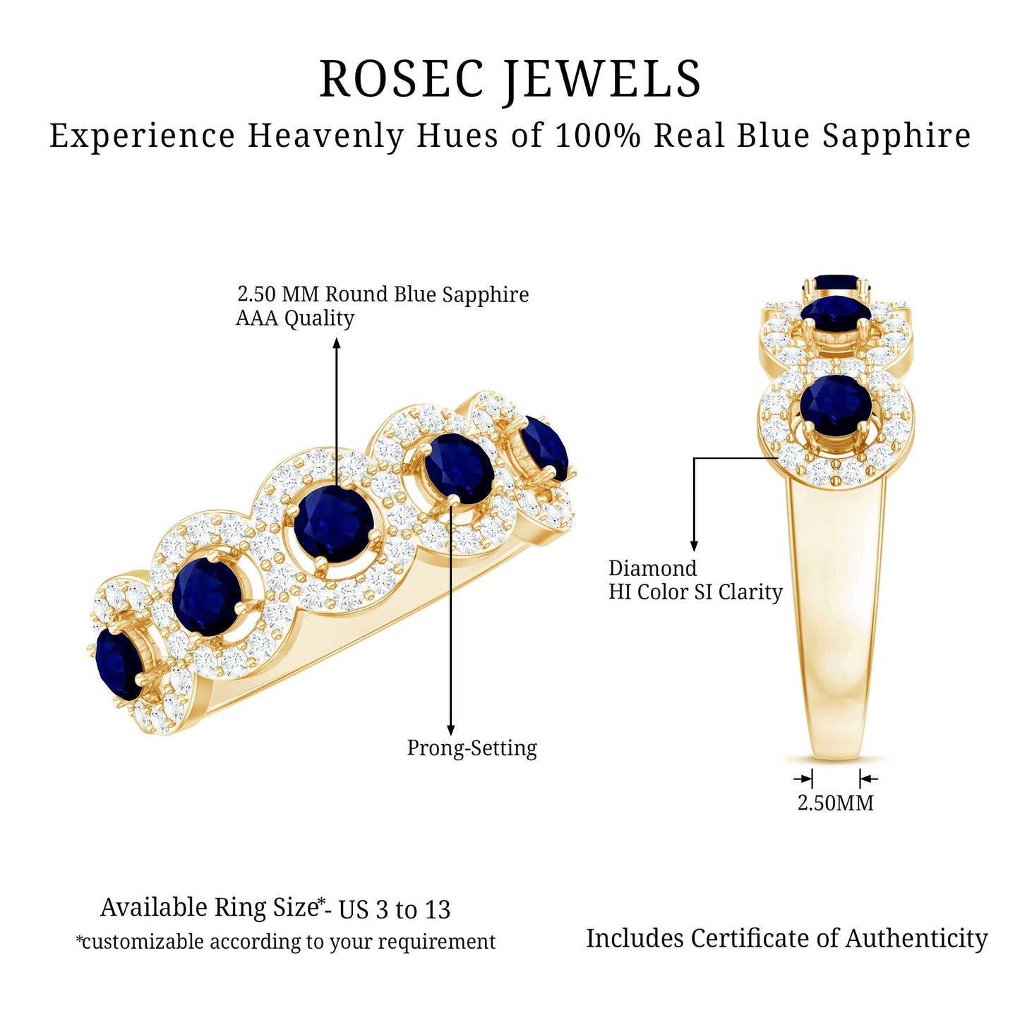 1.75 CT Round Shape Blue Sapphire and Diamond Halo Classic Band Ring