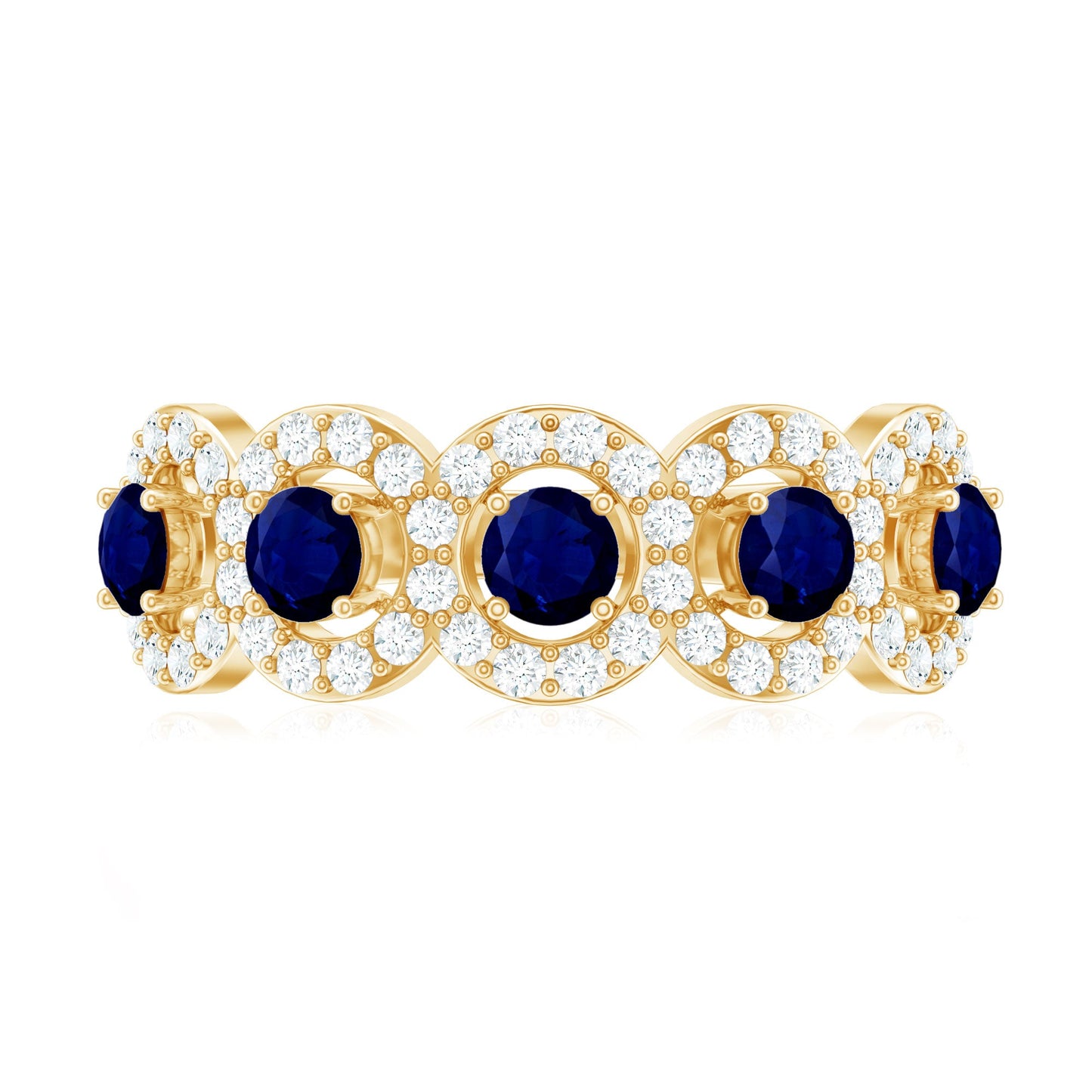 1.75 CT Round Shape Blue Sapphire and Diamond Halo Classic Band Ring