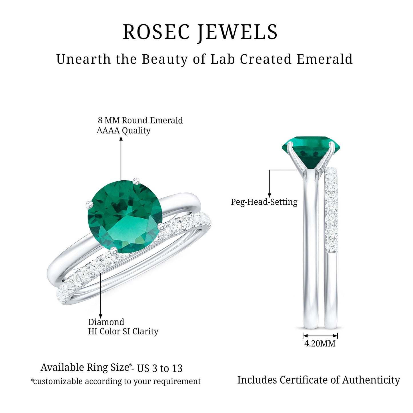 Certified Solitaire Lab Grown Emerald Engagement Ring with Diamond Wedding Band
