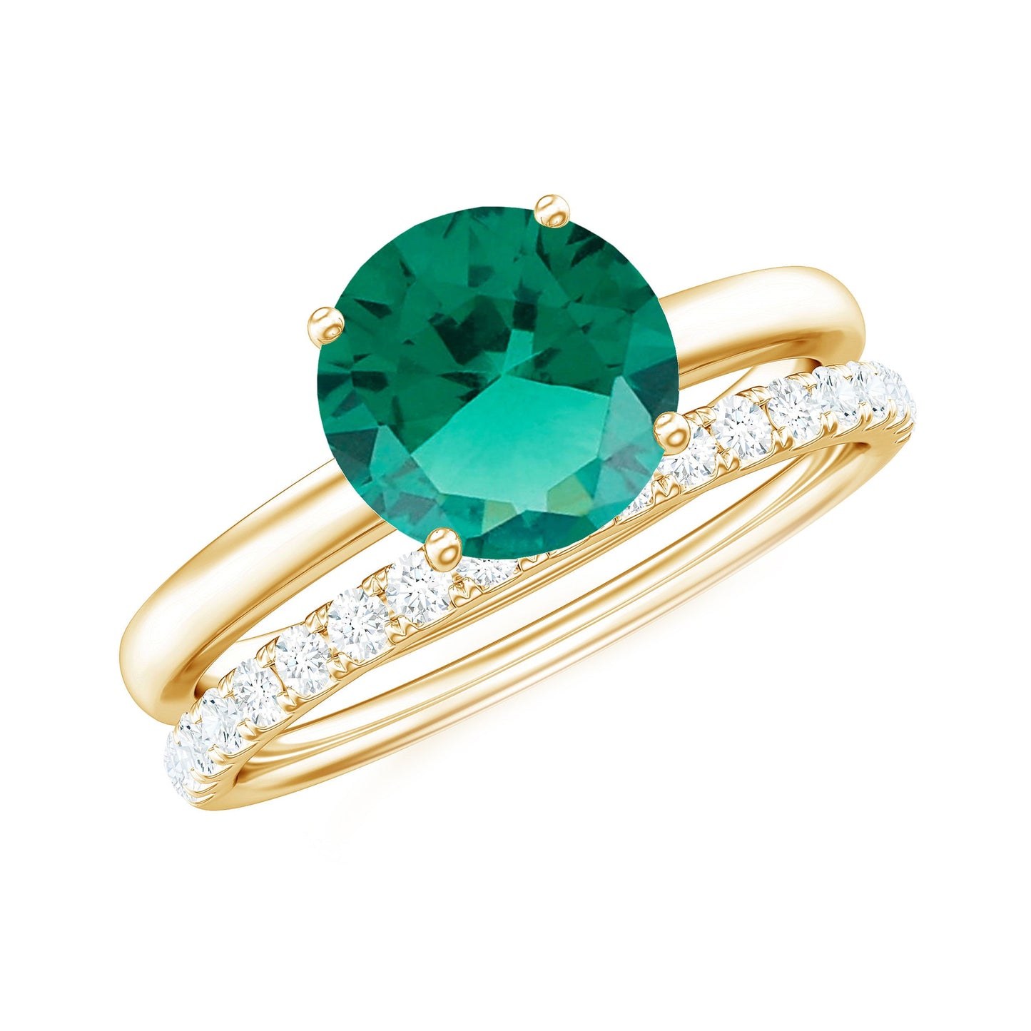 Certified Solitaire Lab Grown Emerald Engagement Ring with Diamond Wedding Band
