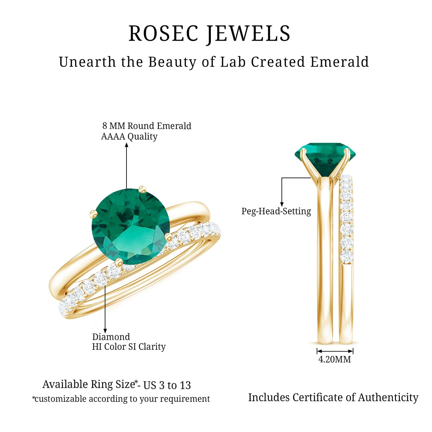 Certified Solitaire Lab Grown Emerald Engagement Ring with Diamond Wedding Band