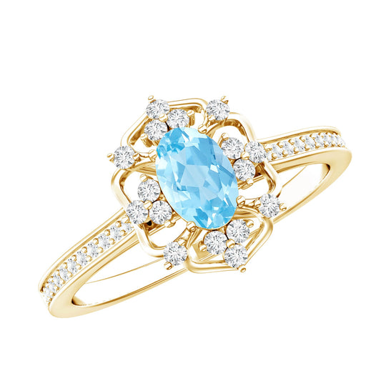 Vintage Style Aquamarine Flower Engagement Ring with Diamond