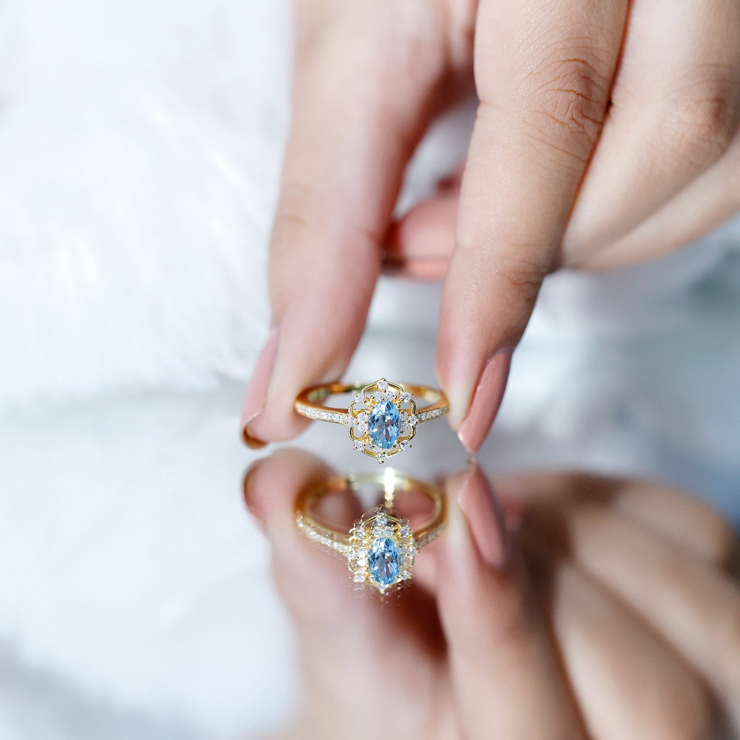 Vintage Style Aquamarine Flower Engagement Ring with Diamond