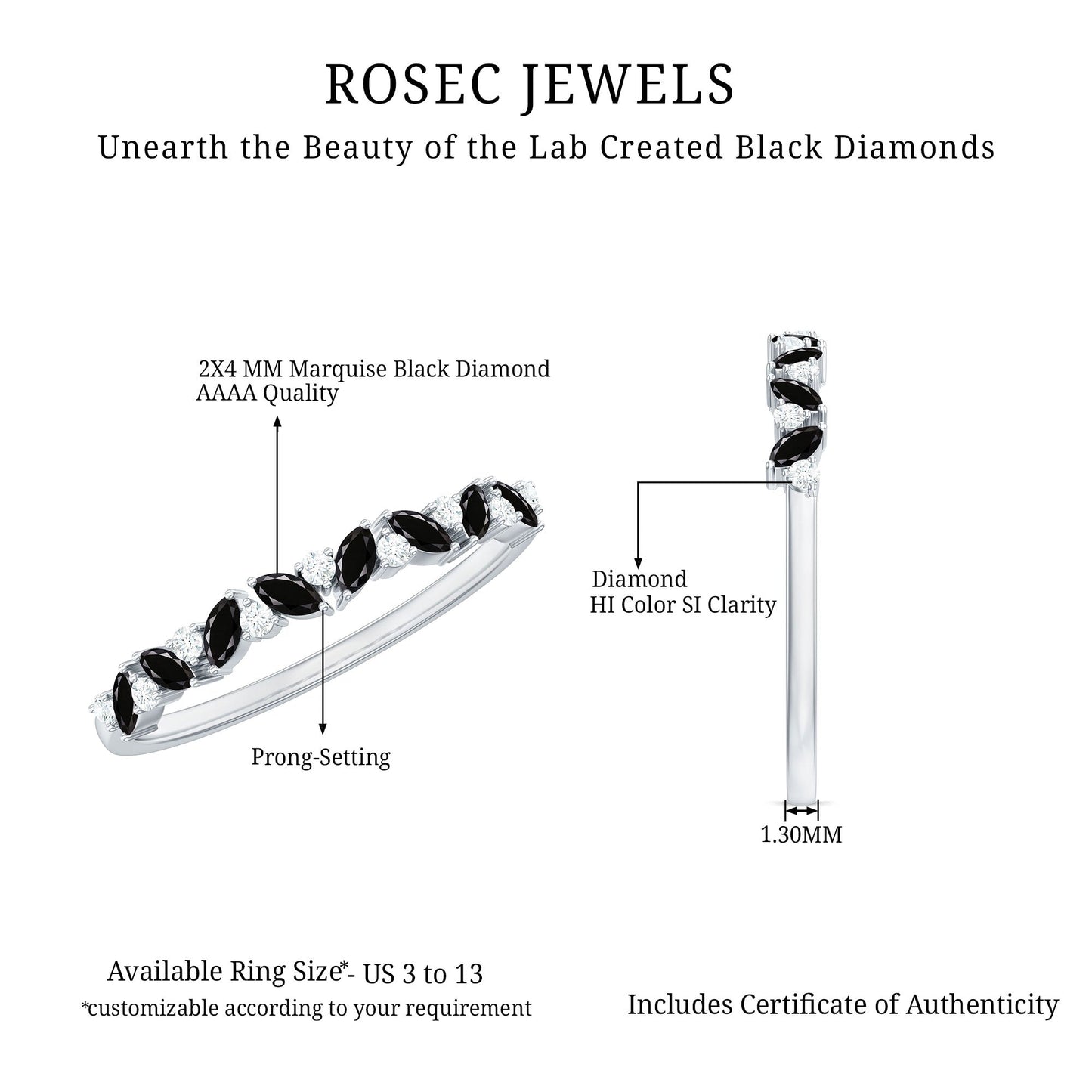 Marquise Created Black Diamond and Diamond Half Eternity Ring