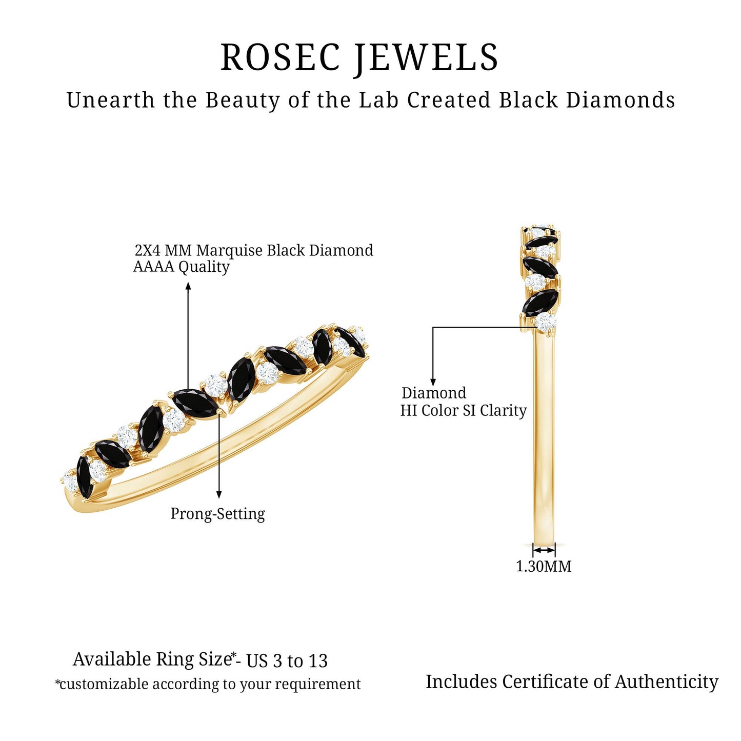 Marquise Created Black Diamond and Diamond Half Eternity Ring