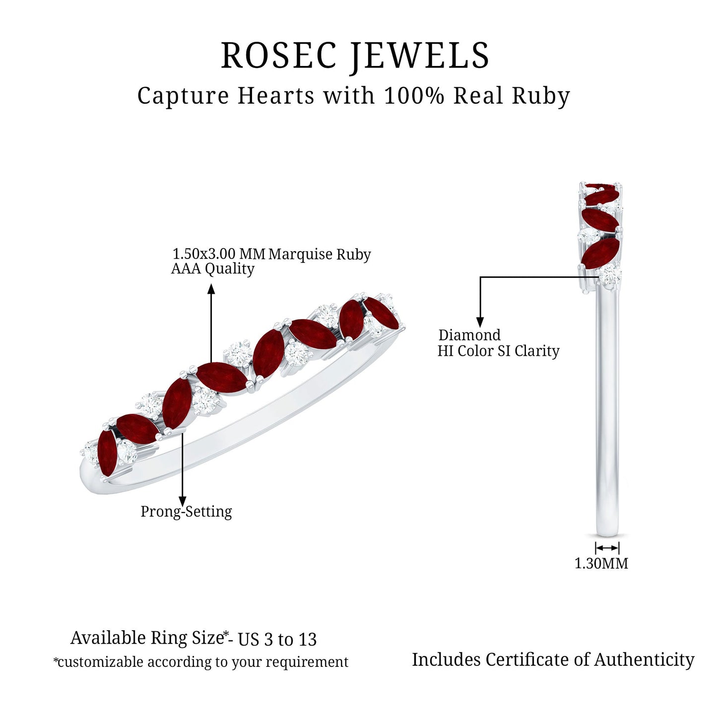 Natural Marquise Ruby Half Eternity Ring with Diamond