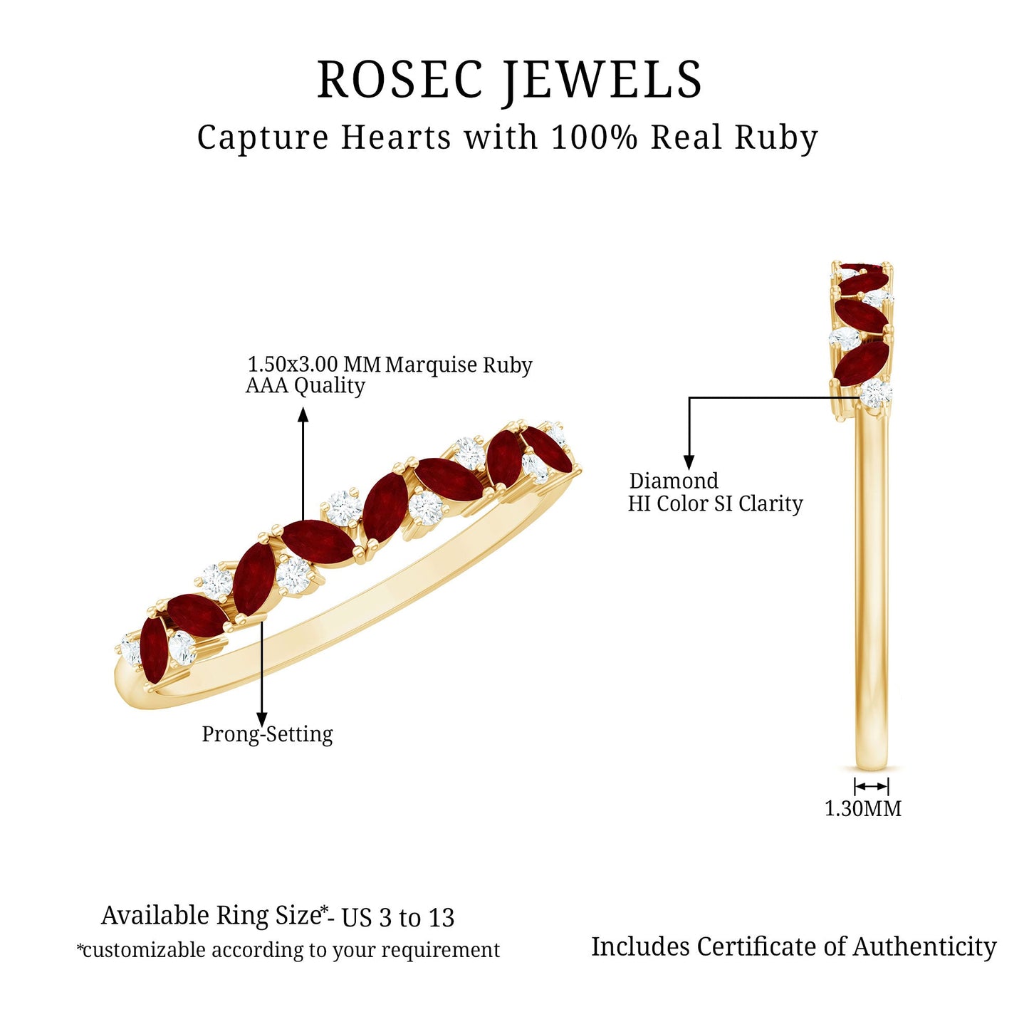 Natural Marquise Ruby Half Eternity Ring with Diamond