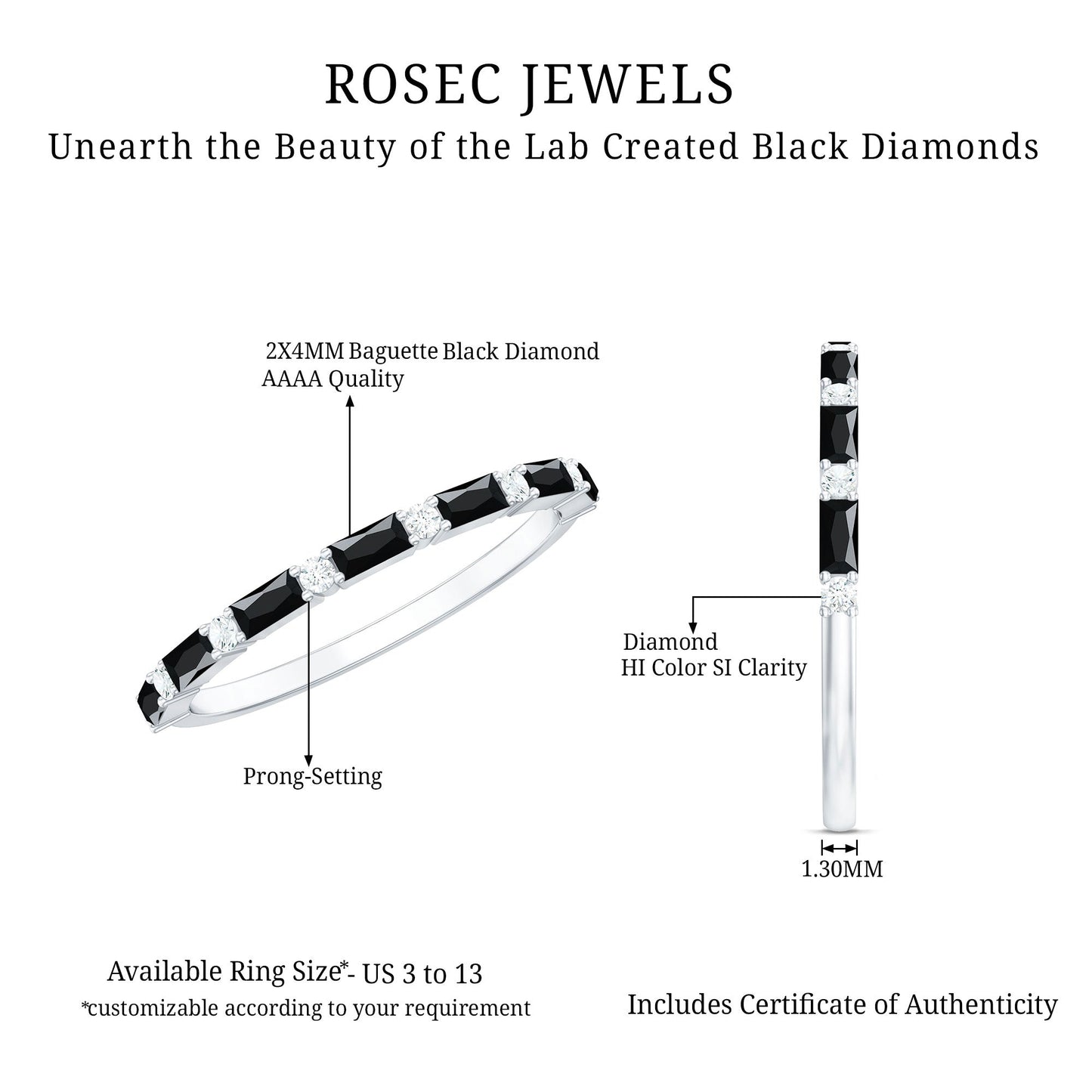 Certified Baguette Lab Grown Black and White Diamond Half Eternity Ring