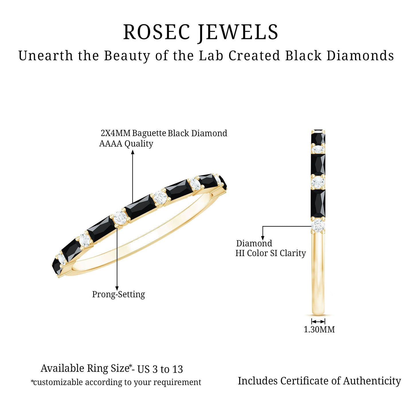 Certified Baguette Lab Grown Black and White Diamond Half Eternity Ring
