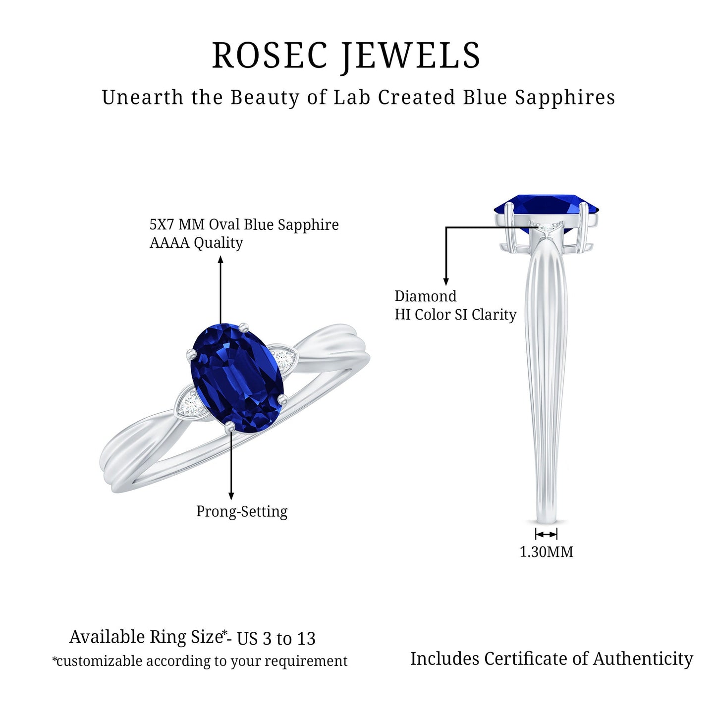 Certified 1 Carat Oval Lab Grown Blue Sapphire Solitaire Engagement Ring with Diamond