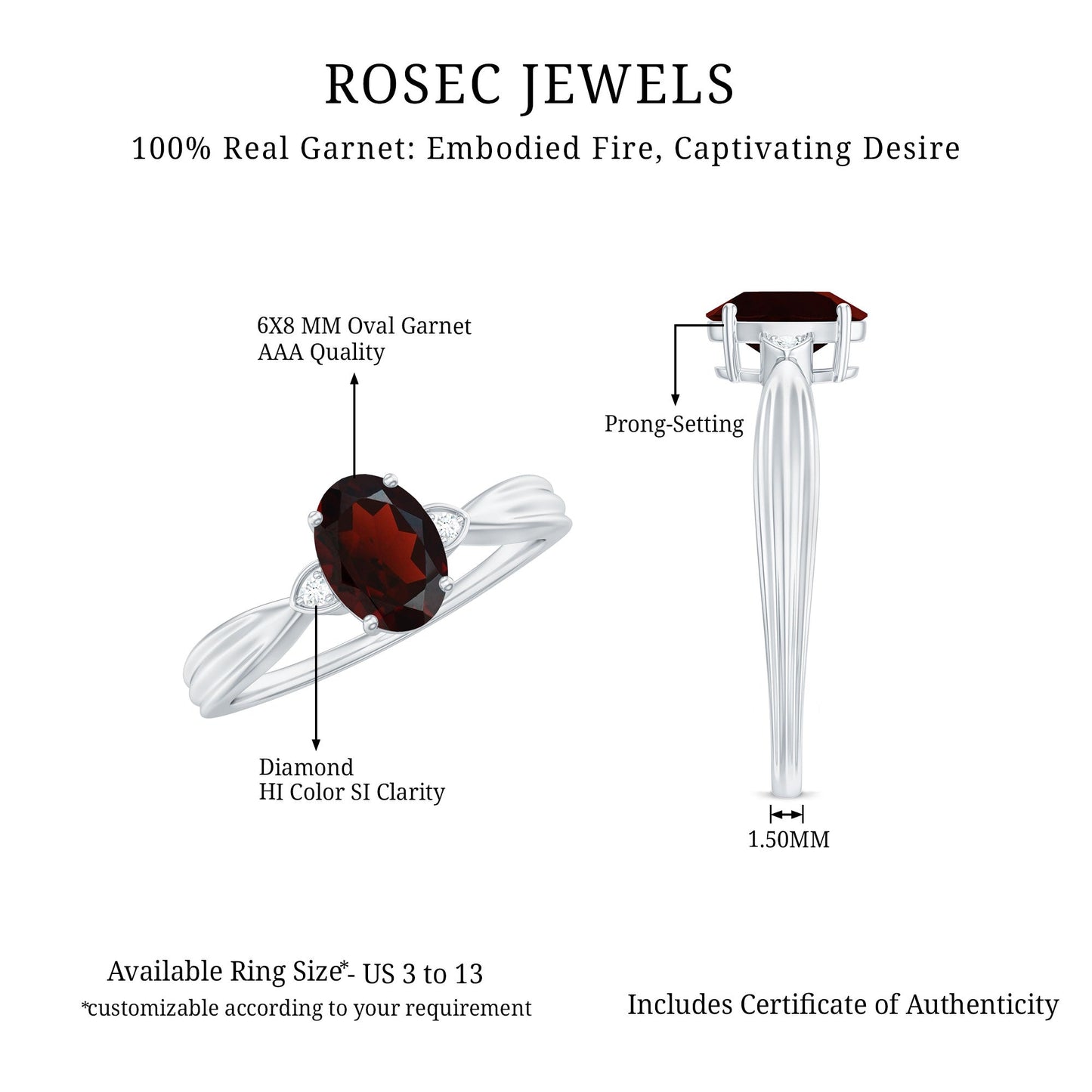 Certified Natural Garnet Diamond Oval Engagement Ring with Pinched Shank