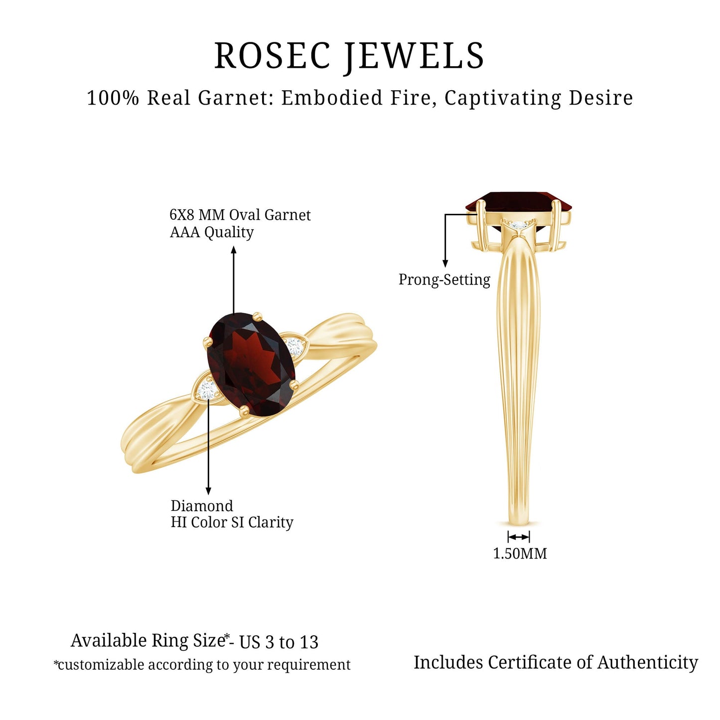 Certified Natural Garnet Diamond Oval Engagement Ring with Pinched Shank