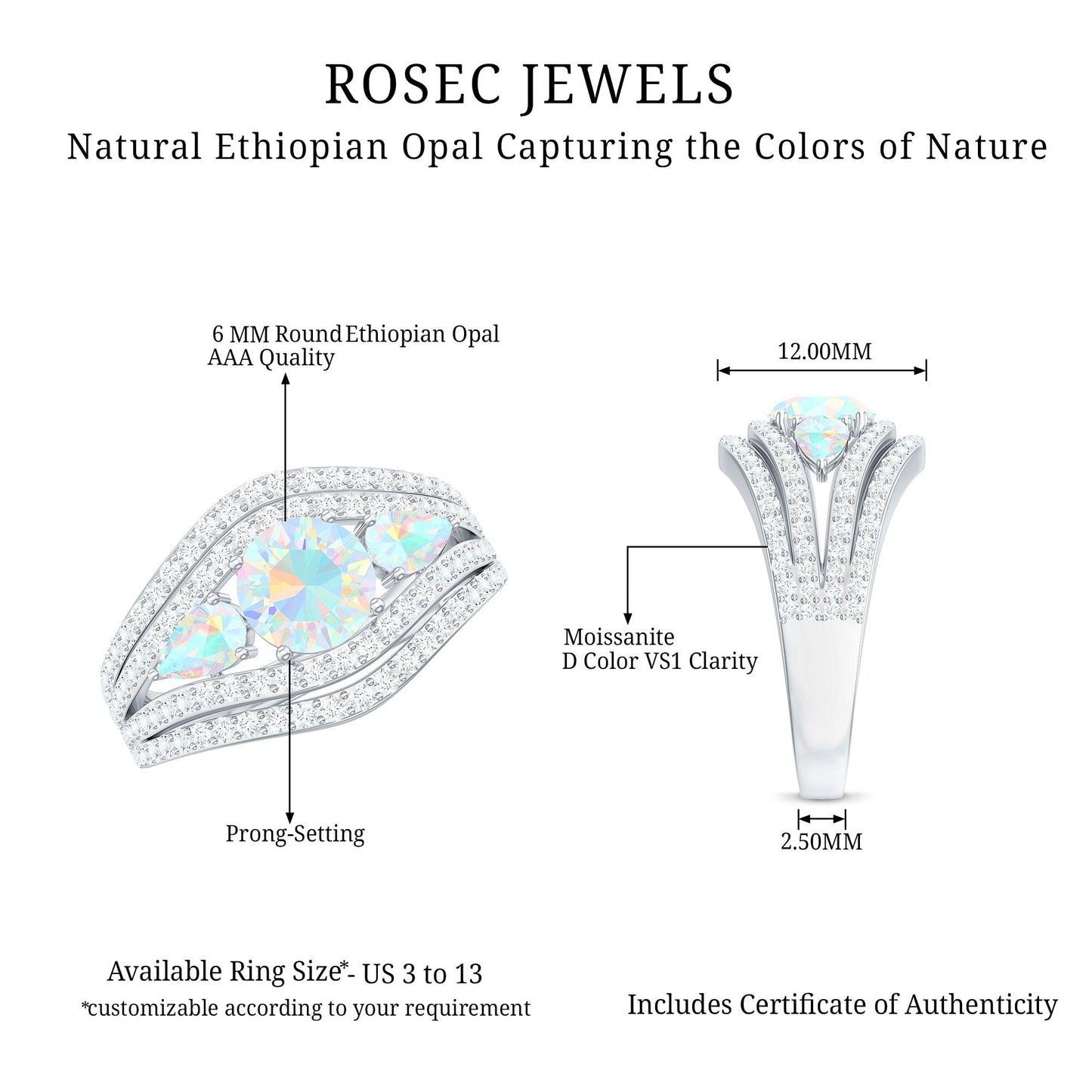 Real Ethiopian Opal 3 Stone Engagement Ring with Moissanite