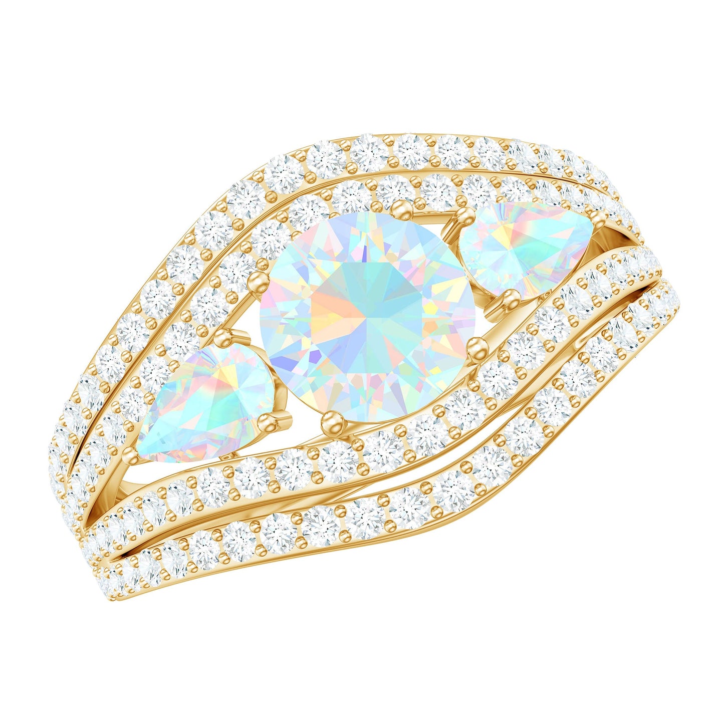 Real Ethiopian Opal 3 Stone Engagement Ring with Moissanite