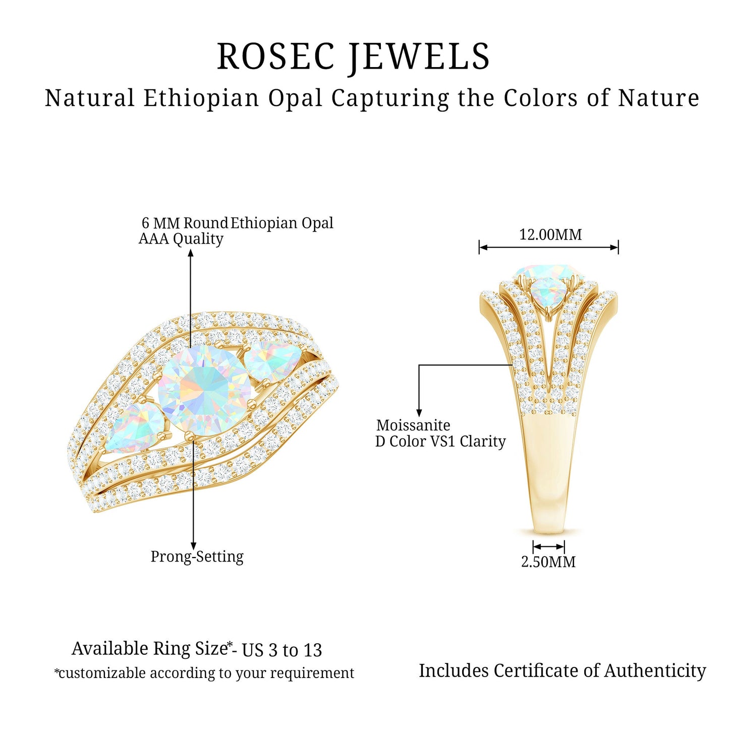 Real Ethiopian Opal 3 Stone Engagement Ring with Moissanite